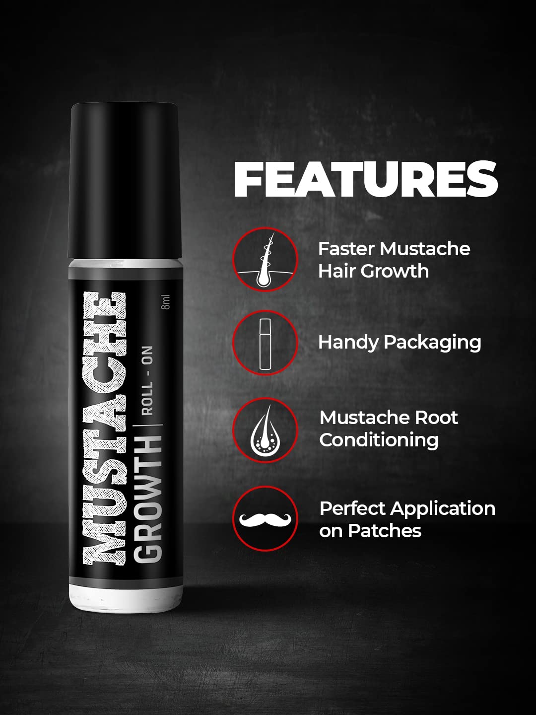 Beardo Mustache Growth Roll On 8ml - Natural Almond & Coconut Oil Formula for Faster Facial Hair Growth - Stimulates Hair Follicles - Easy Roll-On Applicator - Perfect for Men's Grooming & Beard Care Routine