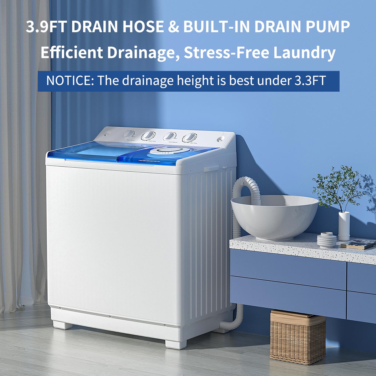 Zynkez 40Lbs Portable Twin Tub Washing Machine with Built-in Drain Pump - Semi-Automatic 24Lbs Washer & 16Lbs Spinner Combo for Small Spaces, Apartments, Dorms, RVs - Perfect for Travel, Camping & Off-Grid Living