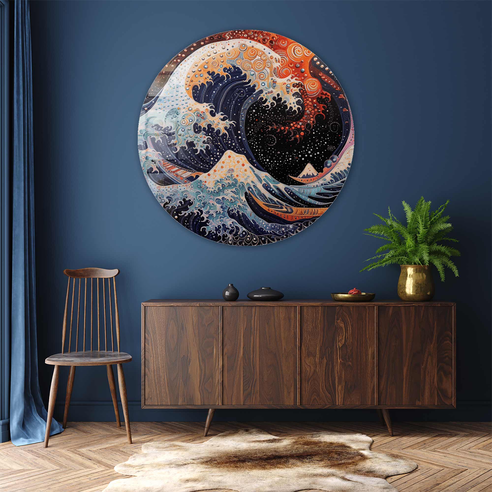 Futuristic Kanagawa Wave Rounded Glass Wall Art - Modern Home Decor for Living Room, Bedroom & Office