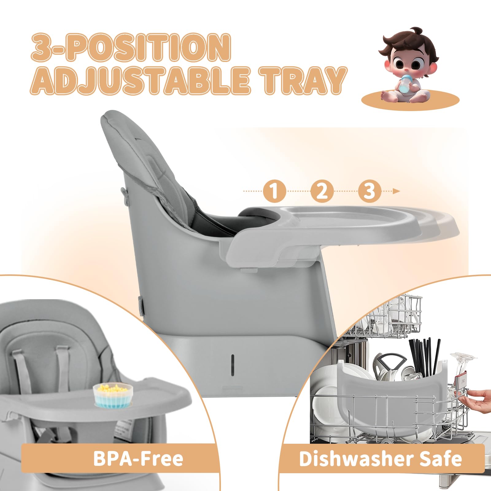 Kinder King 8-in-1 Convertible Baby High Chair - Dining Booster Seat, Kids Table & Chair Set, Toddler Building Block Table with Removable Tray & Washable Seat Covers (Grey & White) - Perfect for Mealtime, Playtime & Learning Activities at Home or Daycare