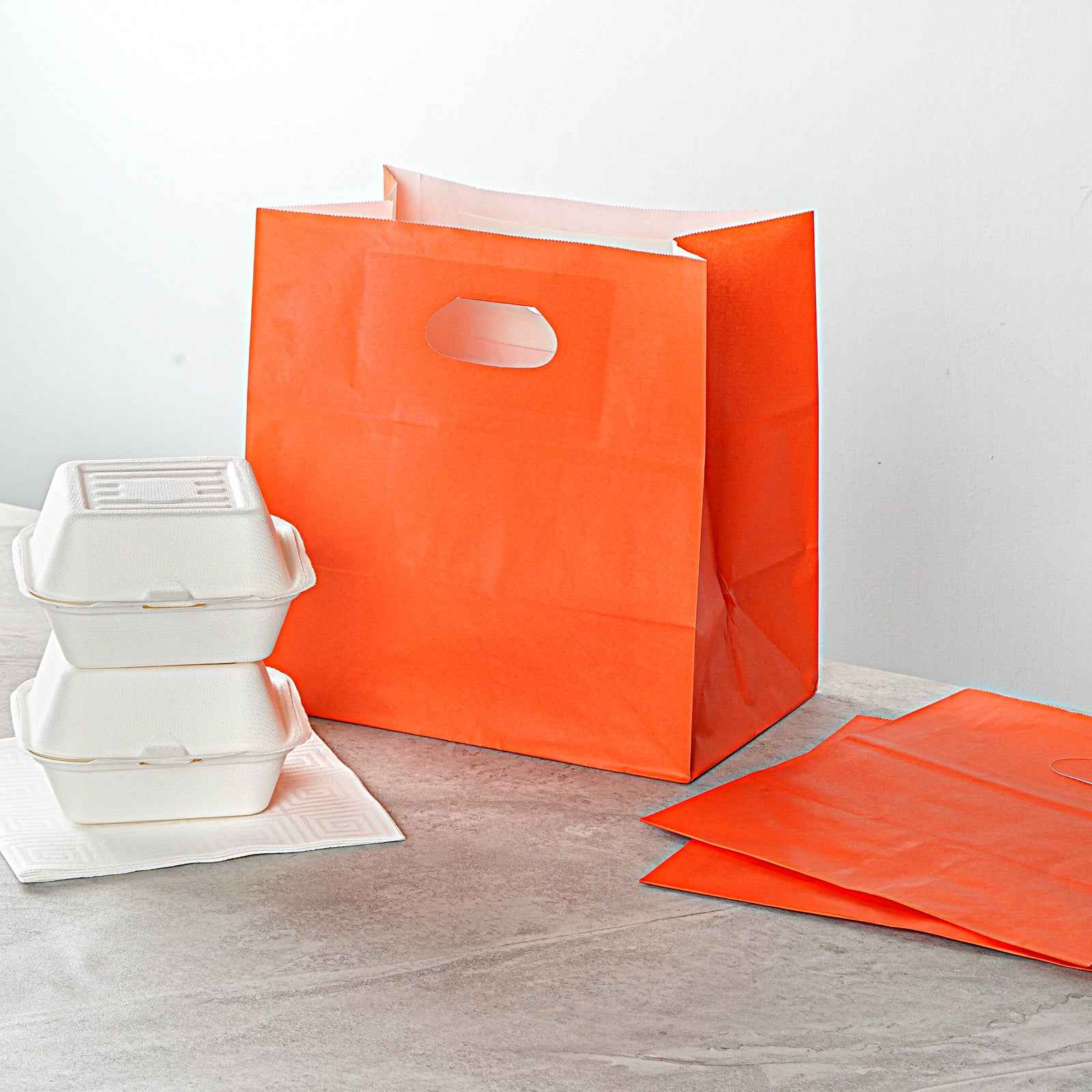 Eco-Friendly Rectangle Tangerine Orange Paper Take Out Bags with Handles - 11 x 7 x 11 Inches (100 Count) - Perfect for Restaurants, Cafes & Catering Businesses