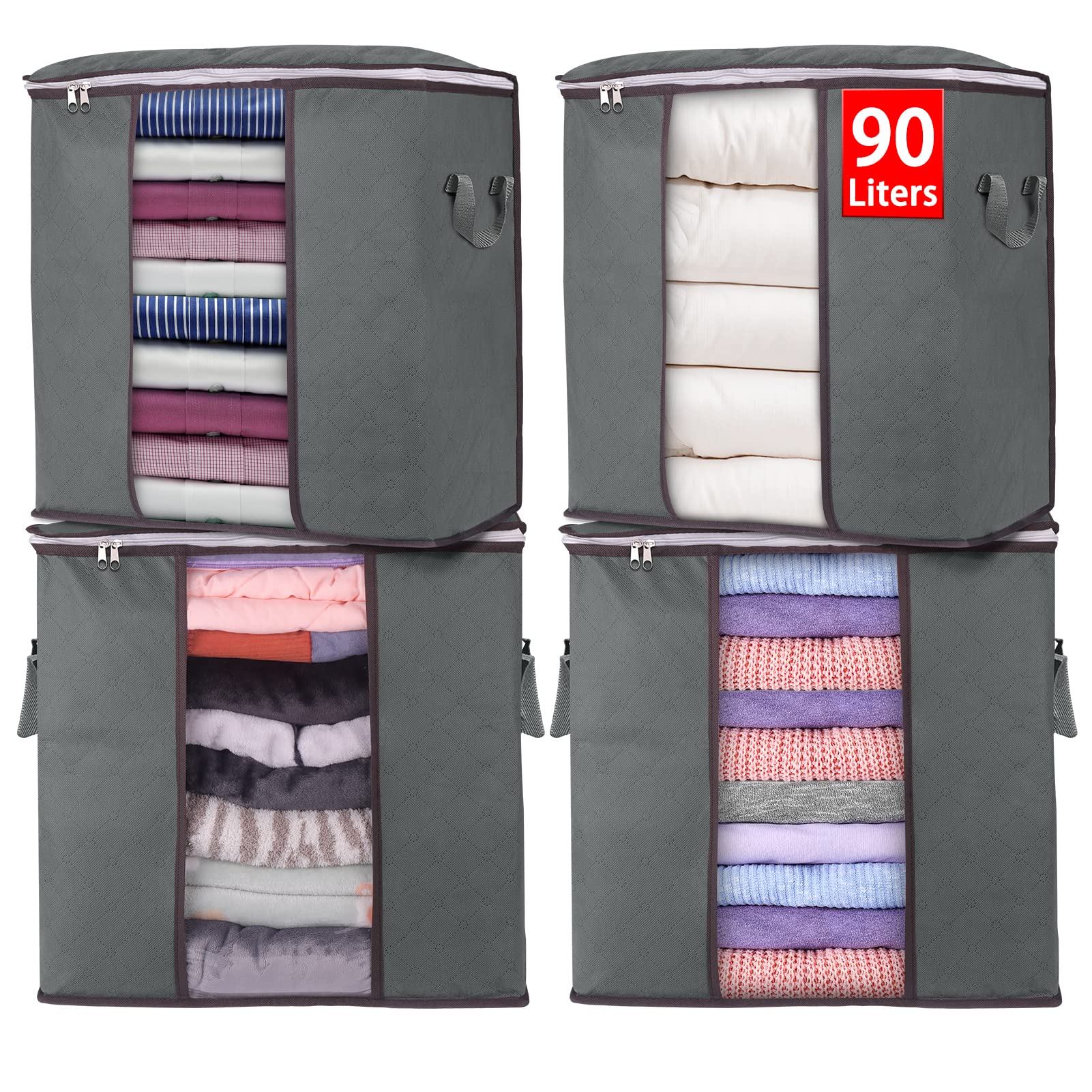 90L Large Storage Bags - 4 Pack Foldable Closet Organizers with Clear Window & Reinforced Handles | Thick Fabric for Blankets, Comforters, Clothing & Bedding | Perfect for Seasonal Storage, Moving & Home Organization