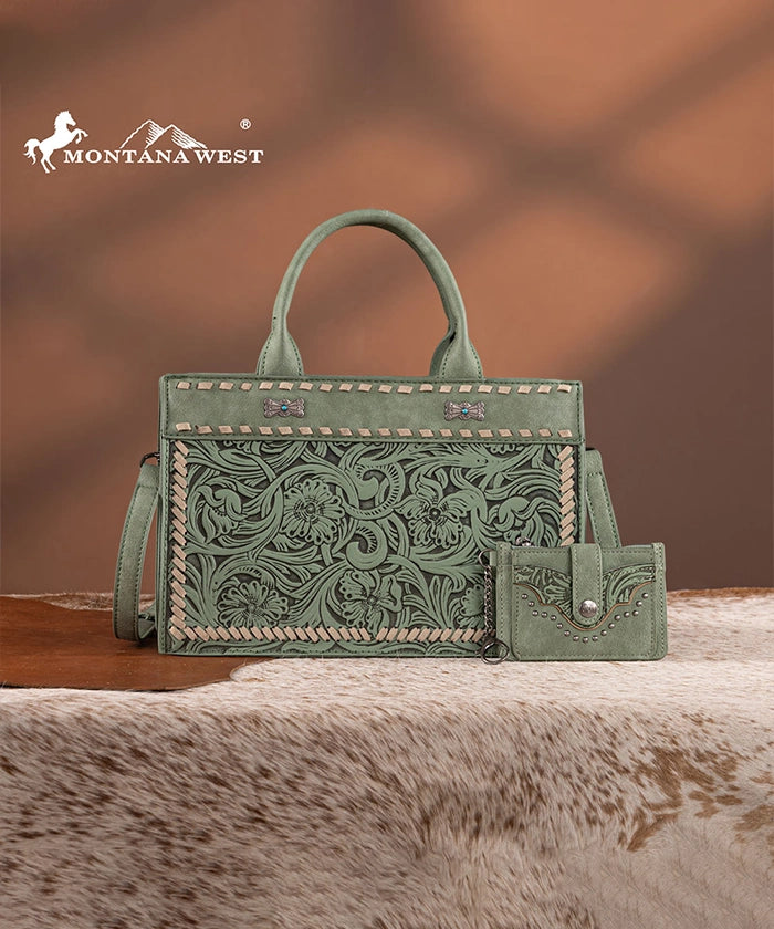 Montana West Floral Tooled Leather Tote Bag Set for Women - Stylish Handbag for Work, Travel & Everyday Use