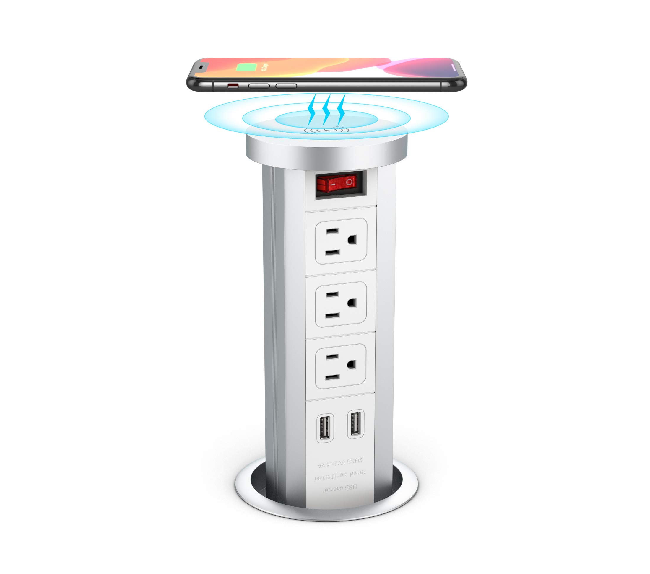 BTU Automatic Pop-Up Outlet with Surge Protection - 3 AC Outlets & 2 USB Ports (4.2A Fast Charge) + 10W Wireless Charger - Retractable Recessed Power Strip for Kitchen Countertops & Islands - Perfect for Small Appliances, Phone Charging & Clutter-Free Workspaces