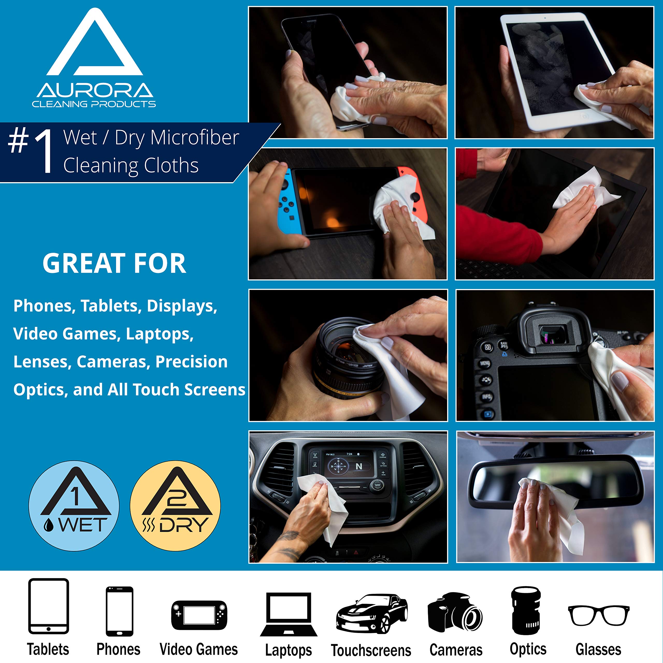 Microfiber Cleaning Cloths 6-Pack for Camera Lens & Phone - Wet & Dry Use