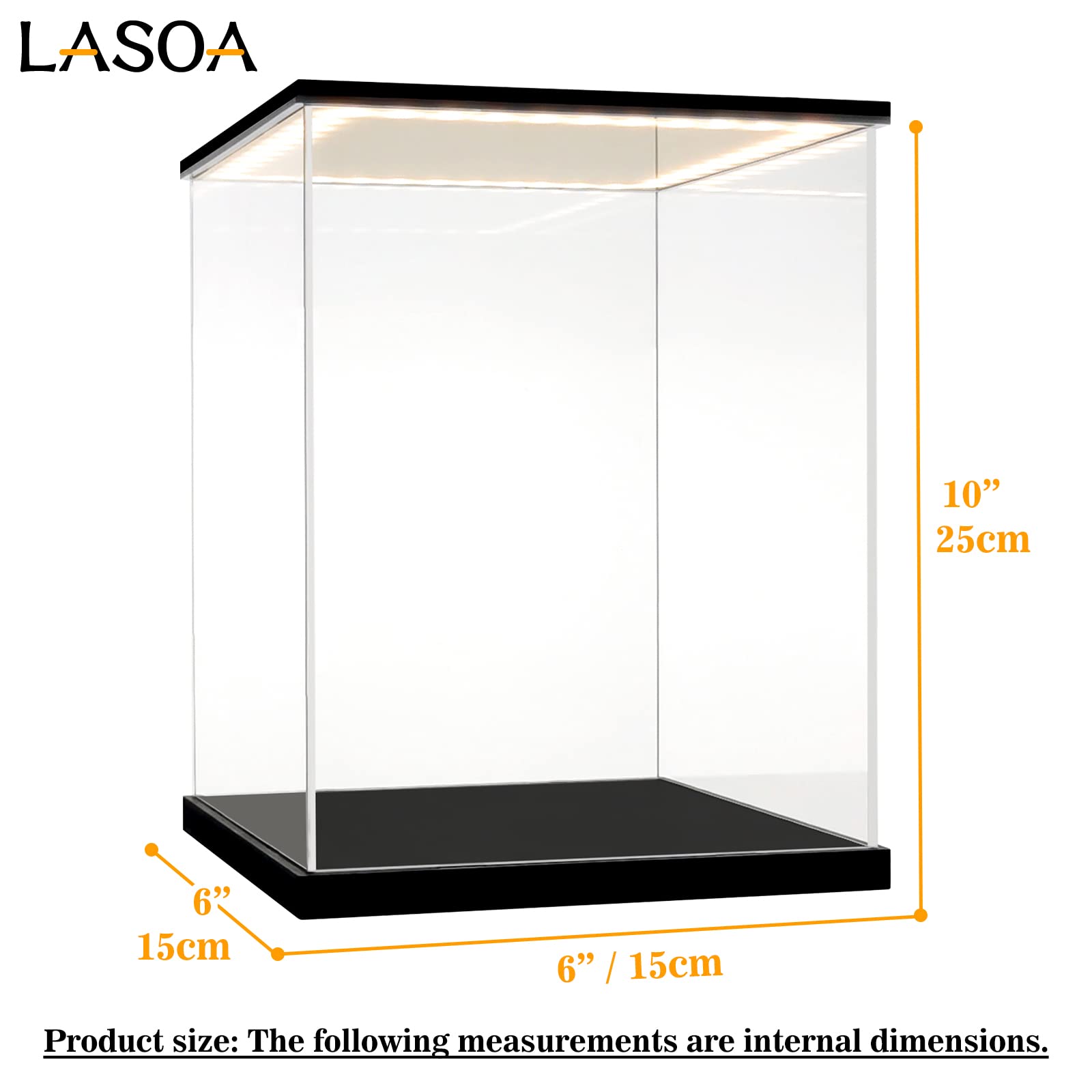 LASOA Acrylic Display Case with LED Lights - 6x6x10 Inch Clear Collectible Showcase Box with Black Base & Lid for Action Figures, Funko Pops, Memorabilia - Perfect for Home Decor, Office Display & Gift Packaging