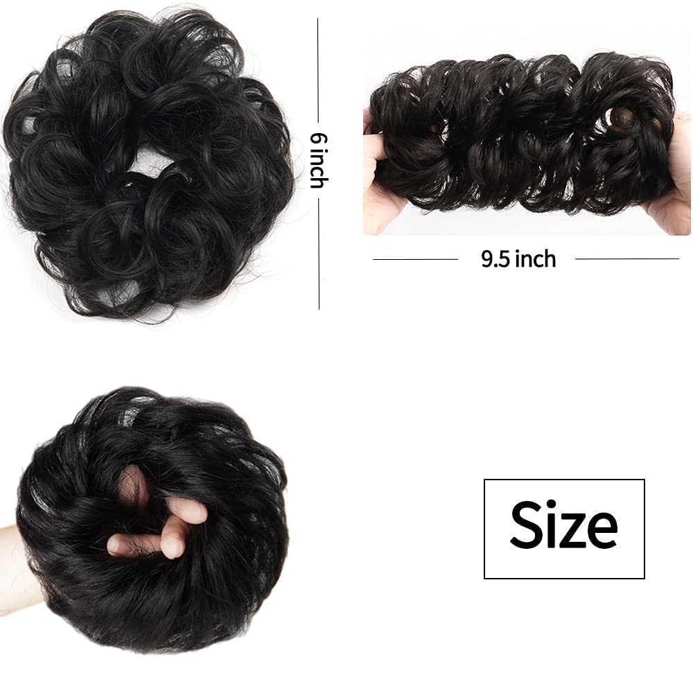 HOJI Messy Bun Hair Piece with Elastic Band - Synthetic Chignon Hair Bun Extensions & Scrunchies for Women - Tousled Updo Bun (Black) - Perfect for Parties, Weddings & Everyday Wear
