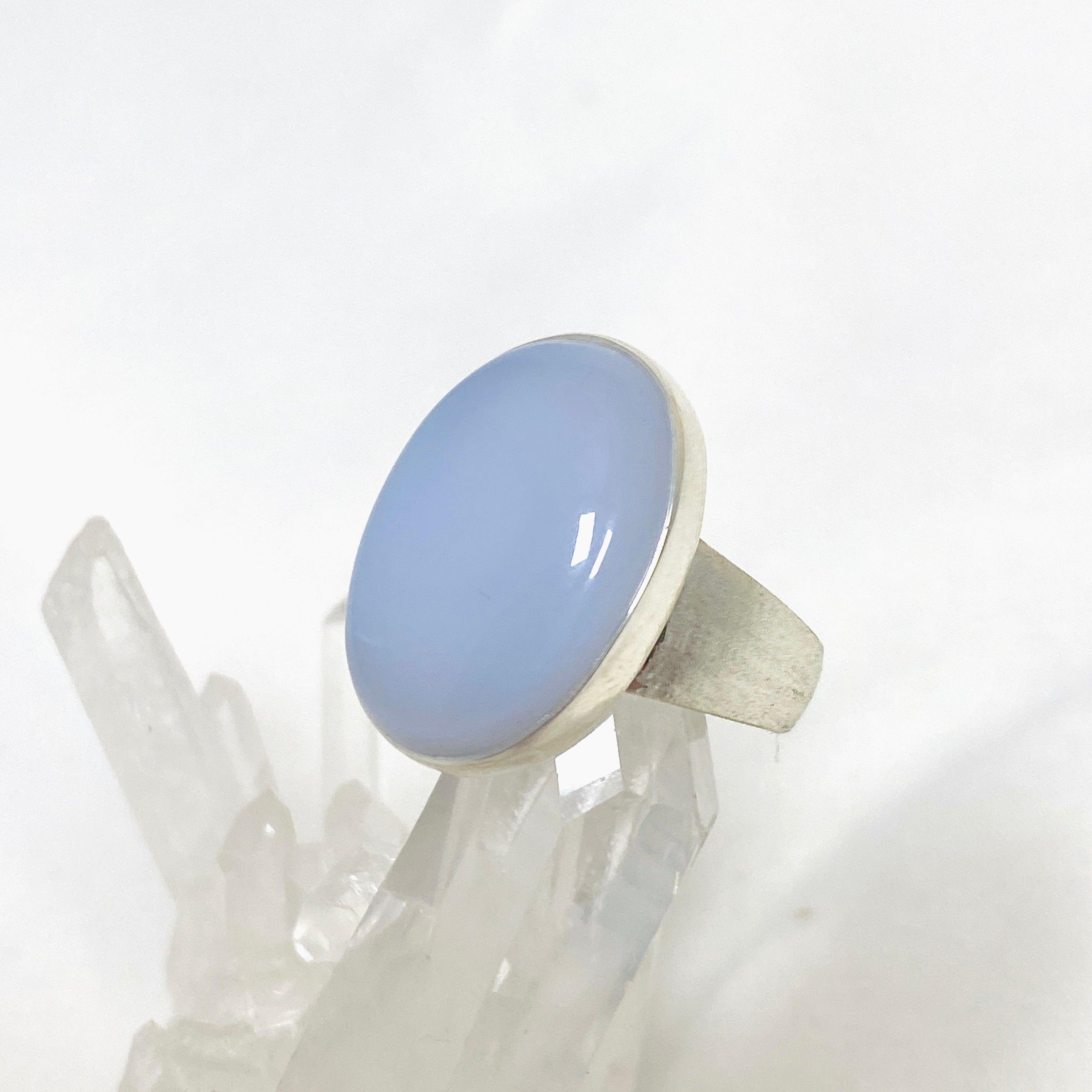 Blue Chalcedony Oval Ring with Brushed Band - Size 9 Sterling Silver Women's Jewelry KRGJ3245 | Elegant Gift for Birthday, Anniversary & Everyday Wear