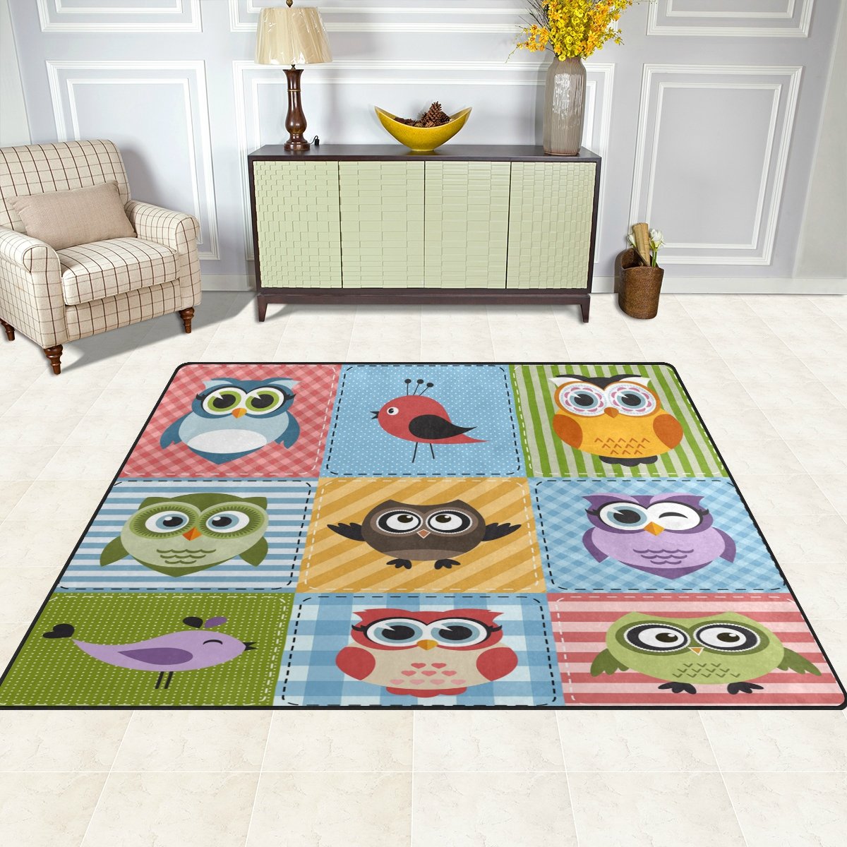 ALAZA Cartoon Happy Owl Non-Slip Area Rug 7' x 5' - Soft Kids Nursery Rug for Living Room, Bedroom & Playroom - Perfect for Home Decor, Children's Room and Cozy Spaces