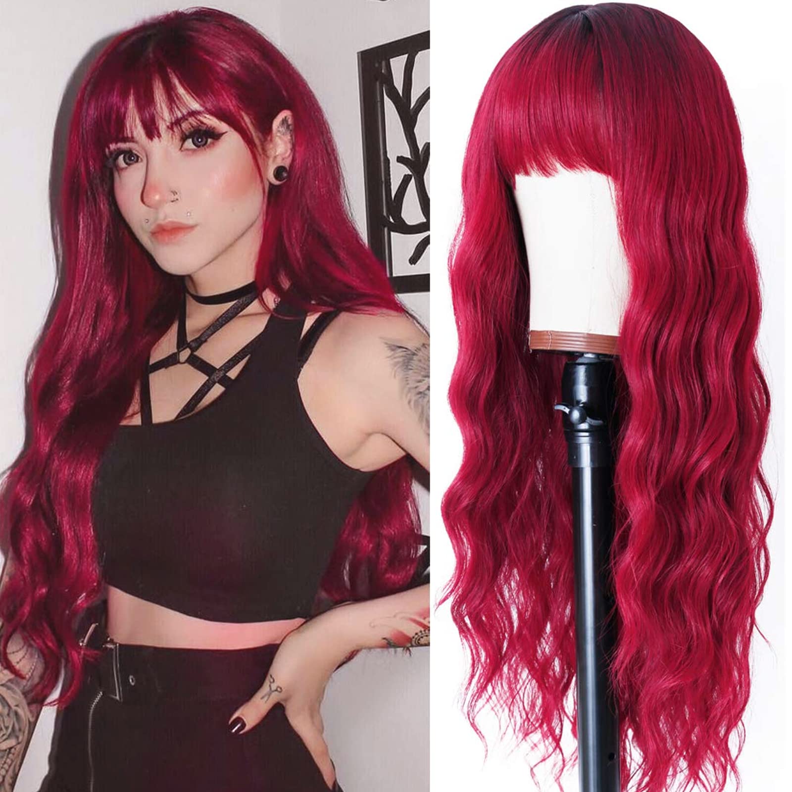 Ombre Red Long Wavy Synthetic Wig with Dark Roots & Bangs - 24 Inch Loose Curly Hair for Women | Perfect for Daily Wear, Cosplay & Party Occasions