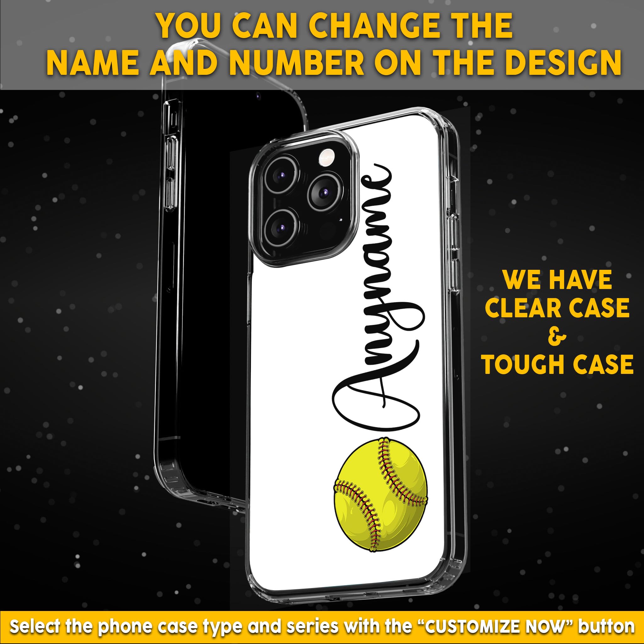 Custom Softball Phone Case with Personalized Name & Number - Durable Clear Protective Cover Compatible with iPhone 15/14/13/12/11/X/XR/XS/Pro Max/Ultra - Perfect for Baseball Games, Sports Fans & Team Spirit (Softball V1)
