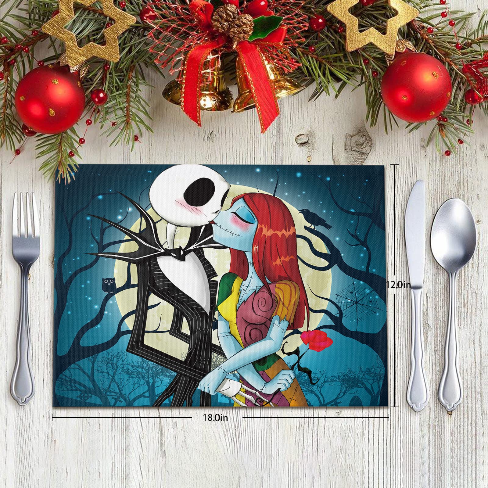 4Pcs Christmas Placemats Set - Skellington Jack and Sally Themed, Heat Resistant & Washable Table Mats for Kitchen Dining - Perfect for Holiday Decorations, Dinner Parties & Nightmare Before Christmas Fans