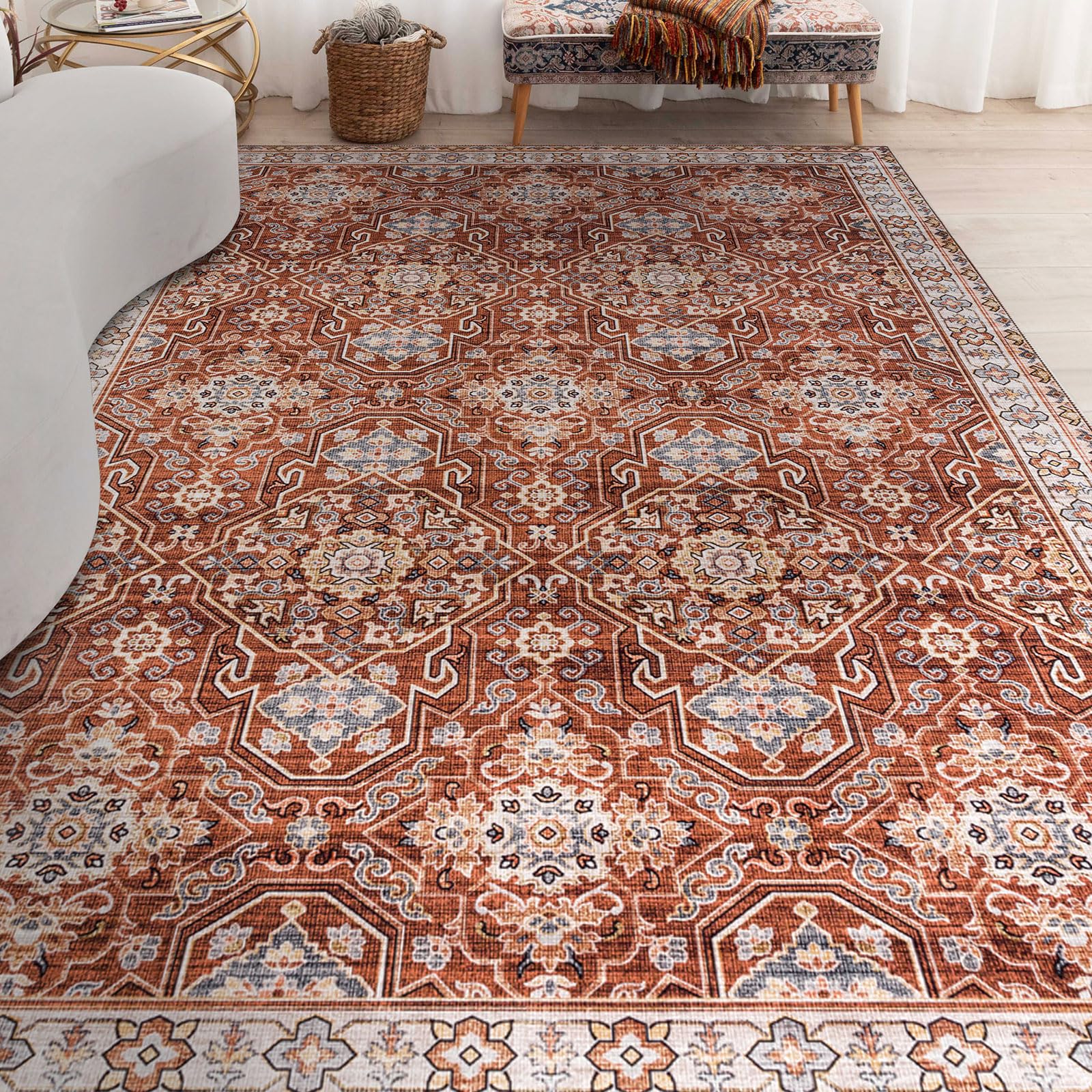 DECOMALL BAOLA Vintage Large Area Rug 7'6''x9'6'' - Soft Rust Color Carpet for Living Room, Bedroom, Dorm | Perfect for Home Decor, Cozy Floor Covering & Family Gathering Spaces
