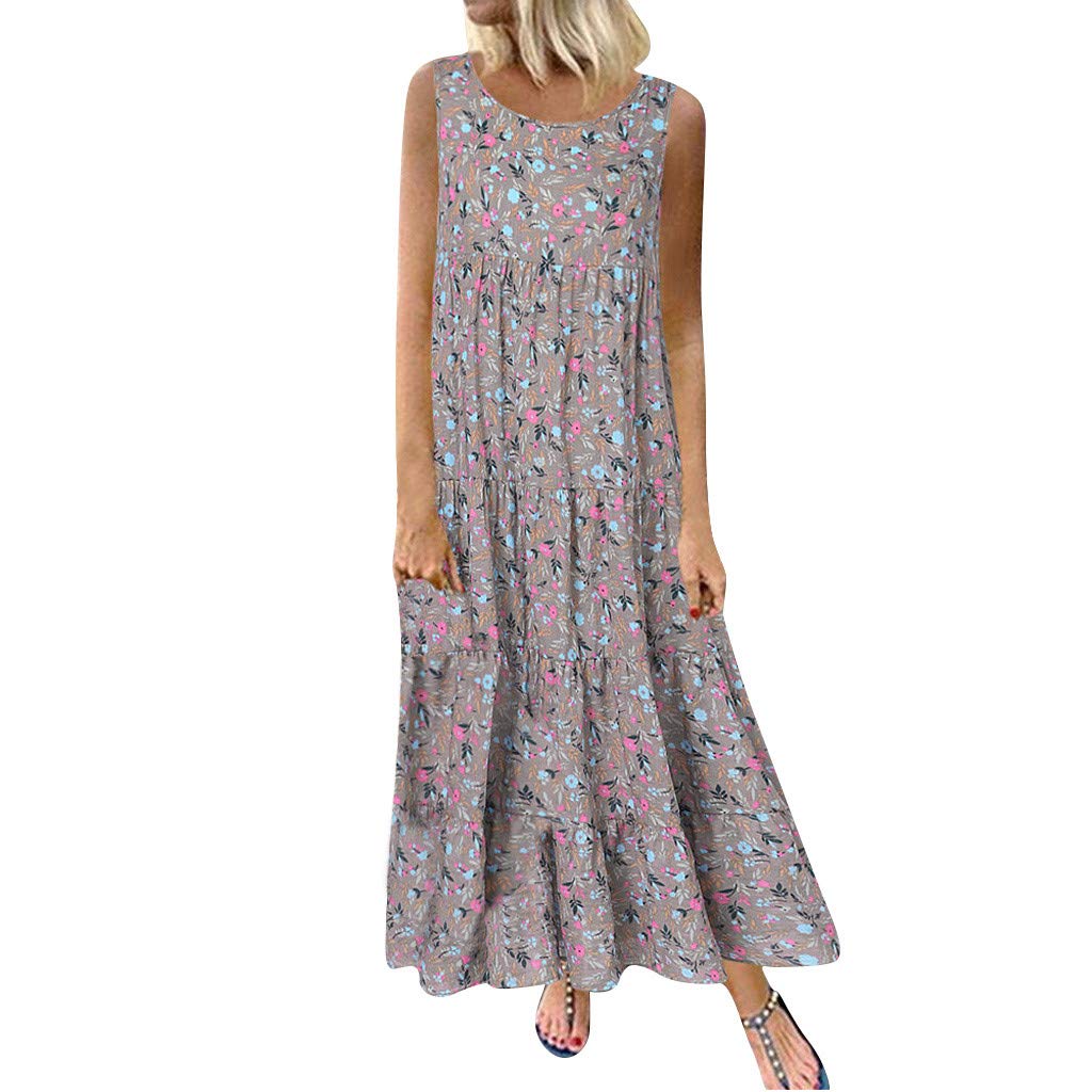 Vintage Retro Floral Print Maxi Dress for Women - Boho Loose Summer Long Dress Sleeveless Plus Size Dresses for Beach, Wedding & Casual Wear