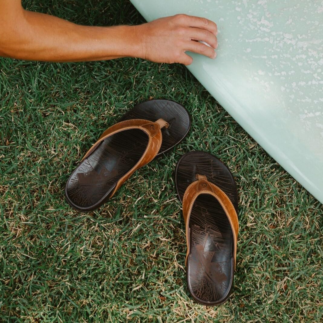 OLUKAI Hikianalia Men's Leather Sandals - Premium Full-Grain Leather, Non-Slip Rubber Sole & Comfortable Molded Footbed - Perfect for Beach, Travel & Summer Outdoor Activities