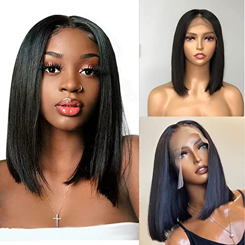 Lace Front Bob Wigs for Black Women - 14inch Straight Human Hair Wig with T-Part Lace Frontal (180% Density) | Virgin Human Hair Bob Wig for Everyday Wear & Special Occasions