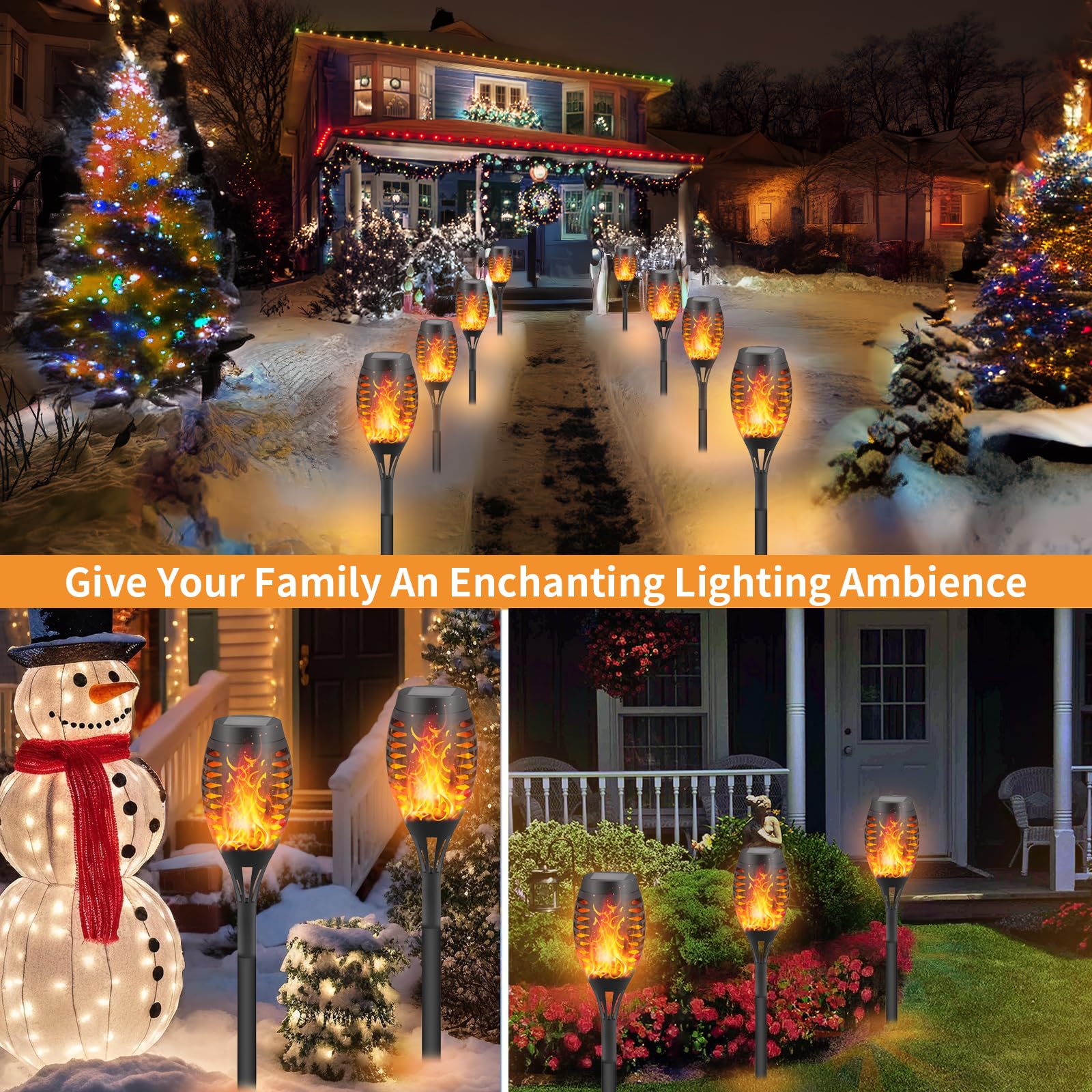 8 Pack Solar Flickering Flame Torch Lights - Waterproof LED Outdoor Solar Lights with Dancing Flame Effect for Garden, Patio, Pathway, and Yard Decoration