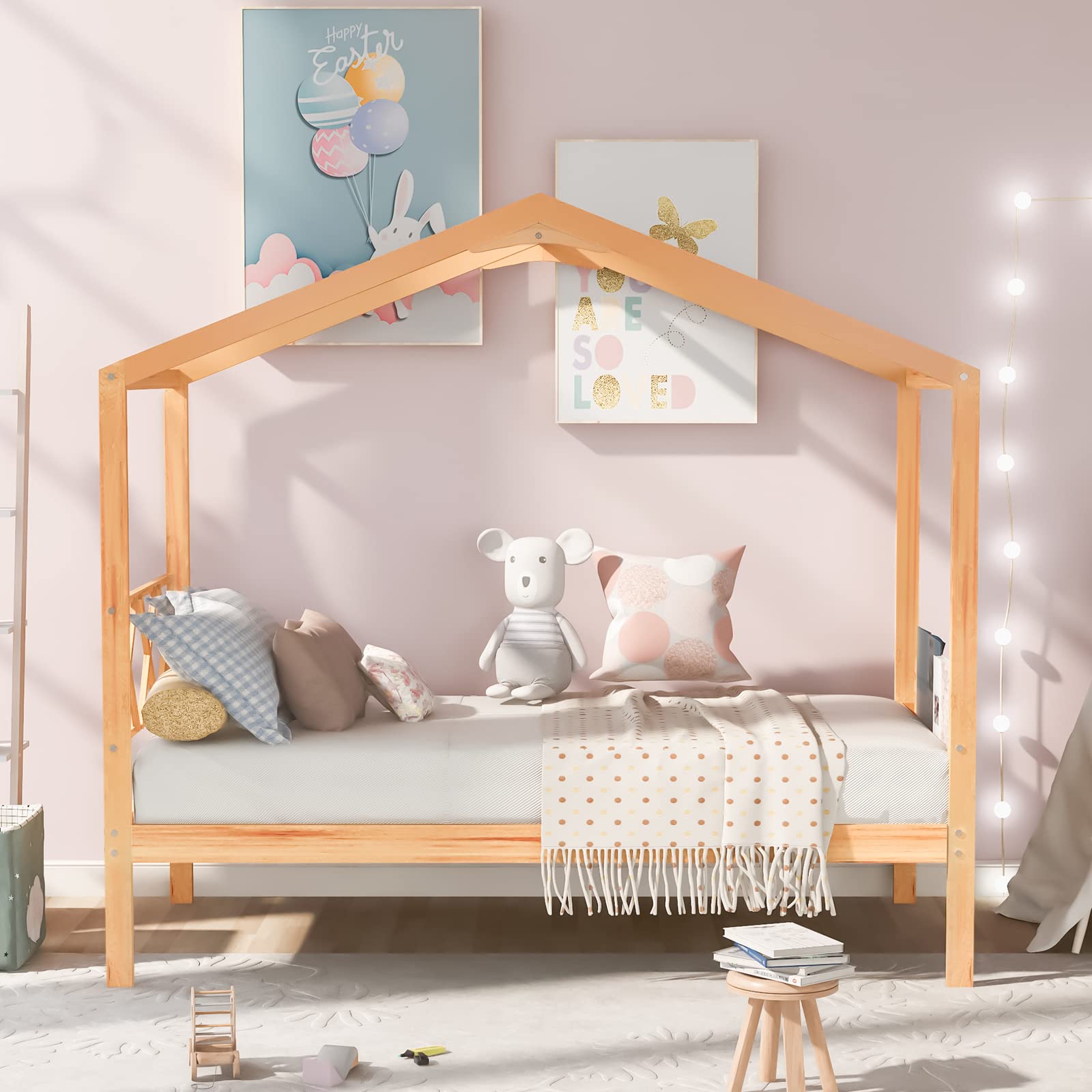 Twin Size House Bed Frame - Low Platform Wood Bed for Kids, Boys & Girls - Sturdy House Shaped Bed with Storage Space - No Box Spring Needed - Perfect for Bedrooms, Playrooms & Small Spaces
