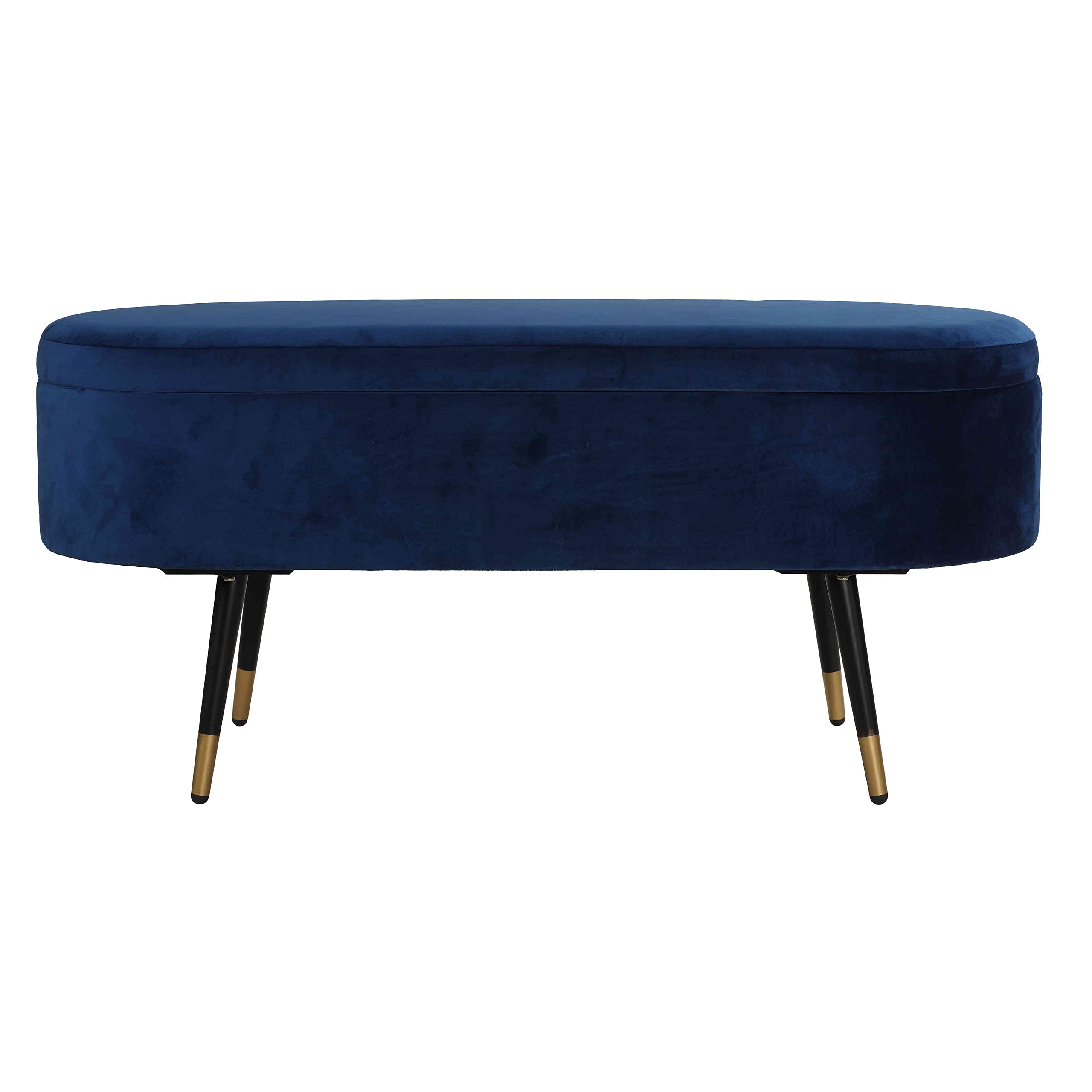 Cortesi Home Ruslan Navy Blue Oval Storage Ottoman - Upholstered Footrest Bench with Hidden Storage for Living Room, Bedroom & Entryway
