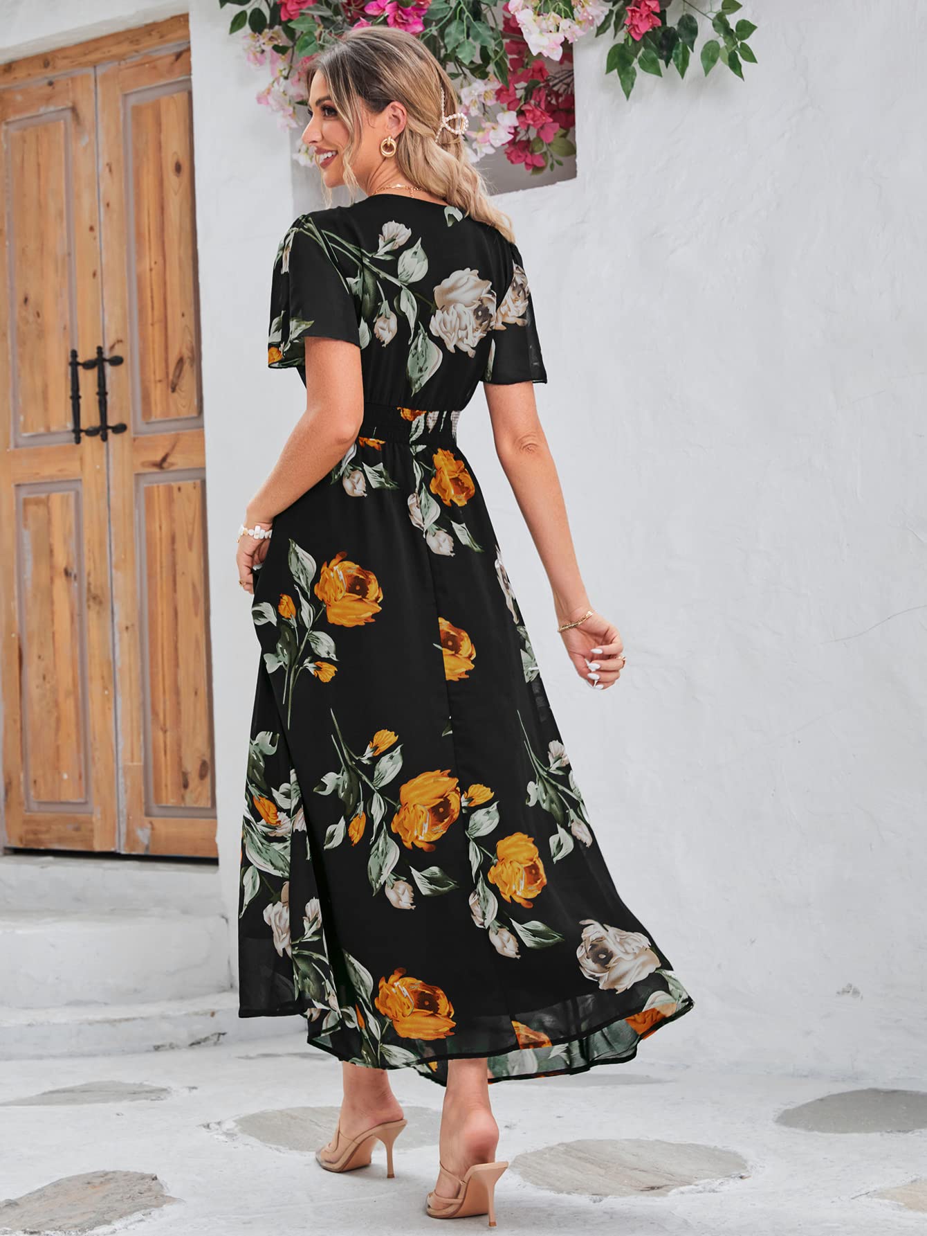 Boho Floral Maxi Dress for Women - Flowy Casual V-Neck Short Sleeve Wedding Guest Dress, Beach Holiday Long Dress for Summer Vacations & Outdoor Events