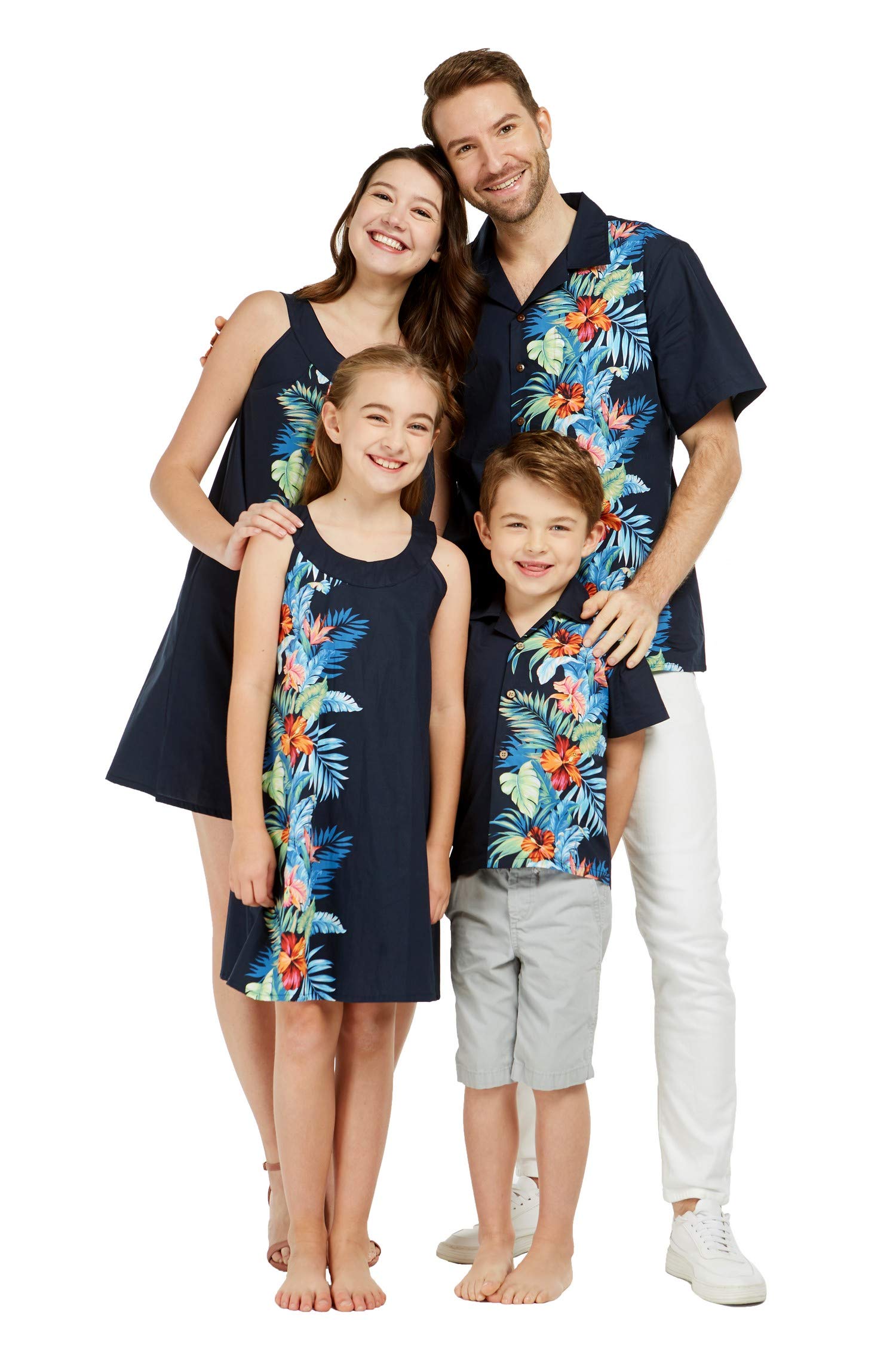 Hawaiian Couple Matching Luau Aloha Shirt & Maxi Tank Dress Set - Orchid Paradise Navy Print - Tropical Beach Vacation, Summer Party & Date Night Outfits