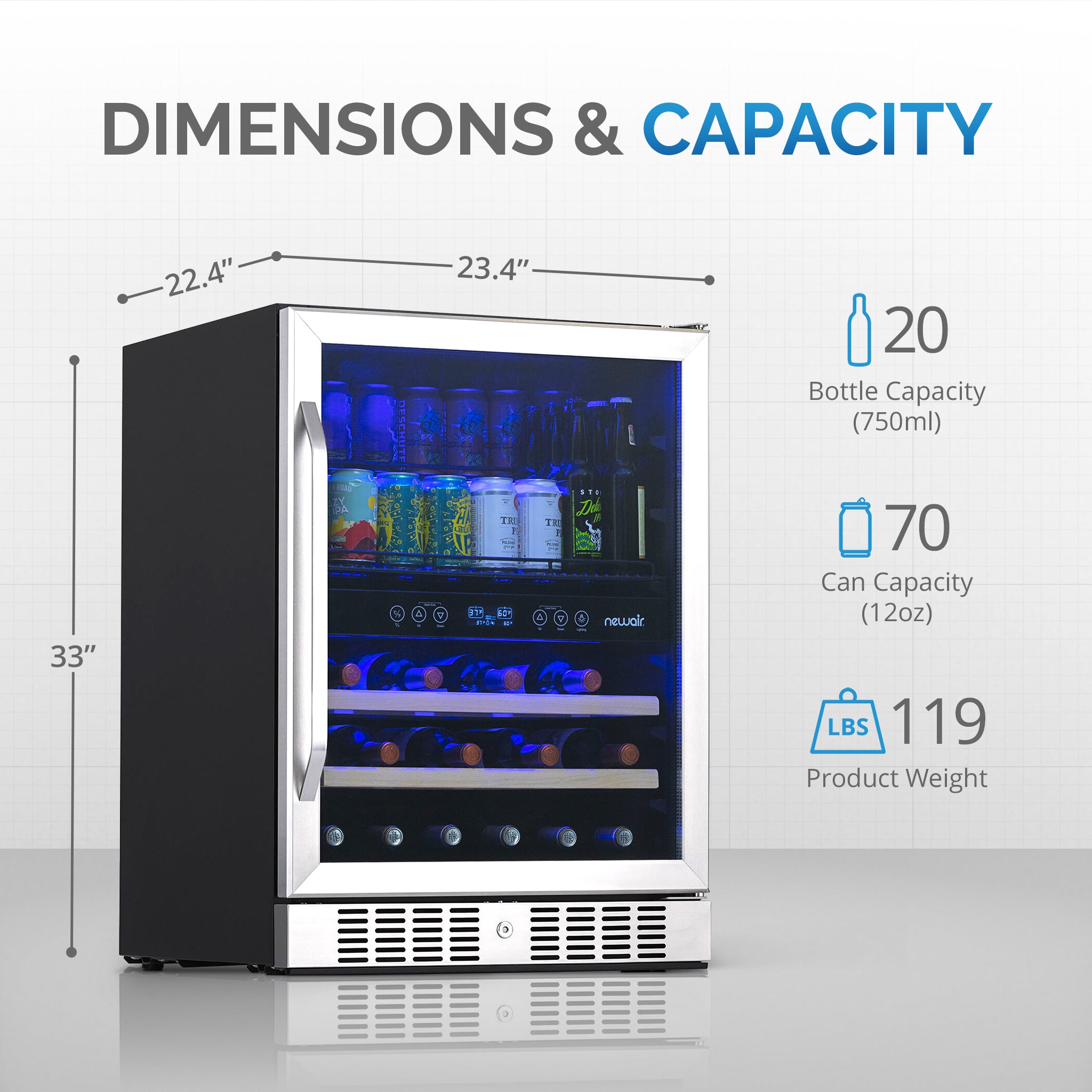 Newair® 70 Can 20 Bottle Dual Zone Beverage Refrigerator - Built-in Wine Cooler & Beer Fridge for Home Bar, Kitchen, or Office Use