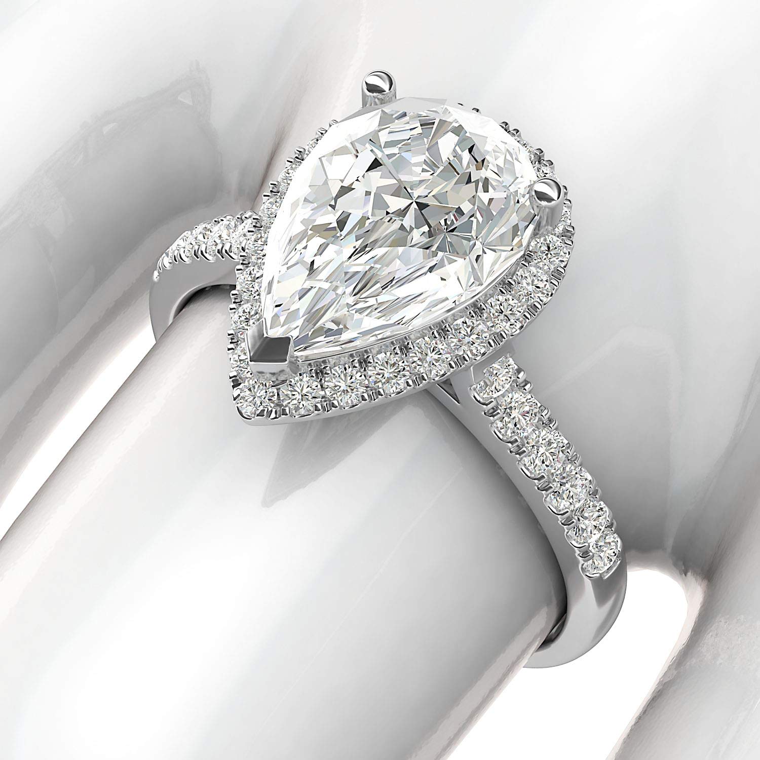 14K White Gold Simulated Pear-Shaped Diamond Halo Engagement Ring with Side Stones - Elegant Promise Bridal Ring for Women, Perfect for Proposals, Anniversaries & Wedding Ceremonies