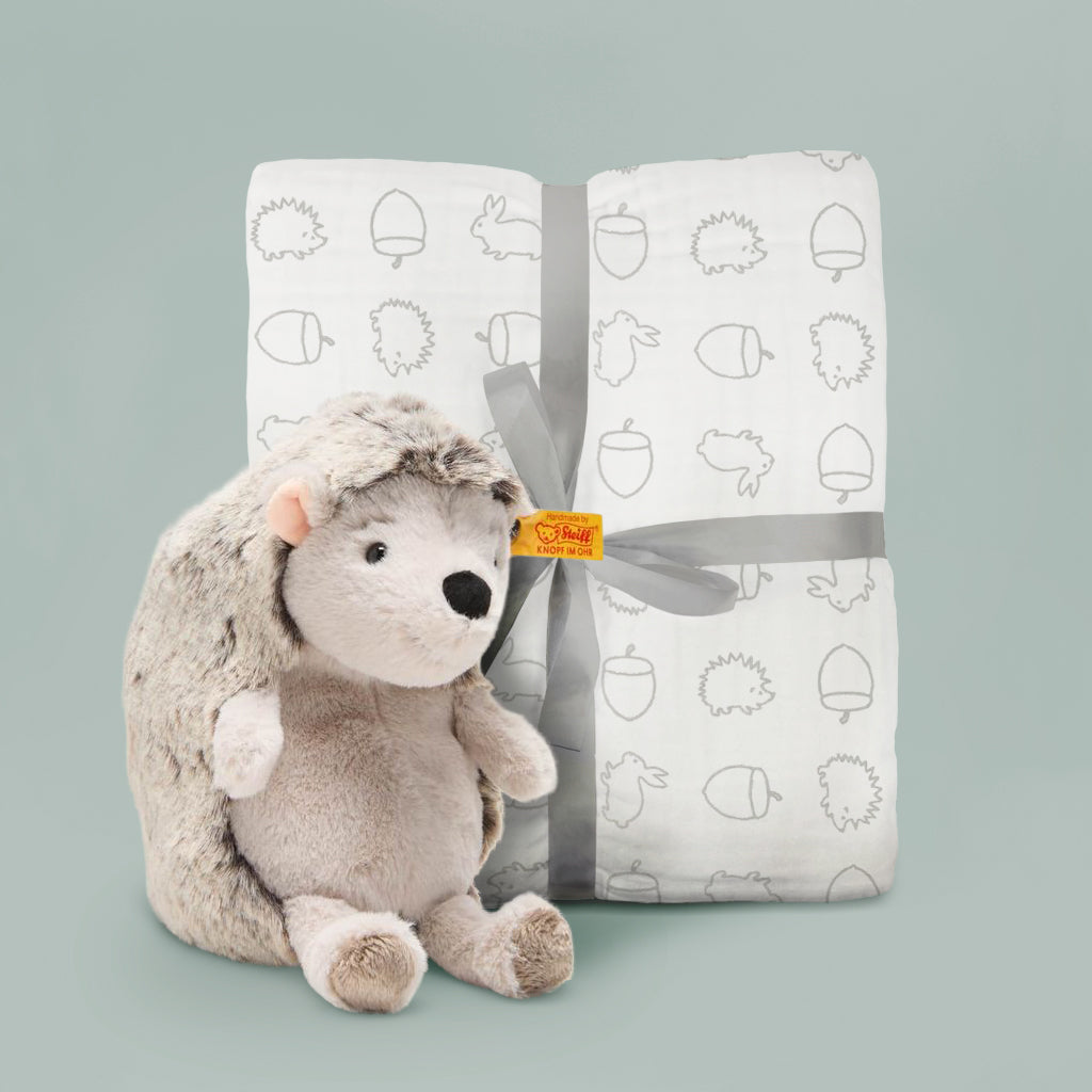 Steiff Hedgy Hedgehog Plush Toy & Woodland Muslin Baby Blanket Gift Set - Perfect for Newborns, Showers & Nursery Decor