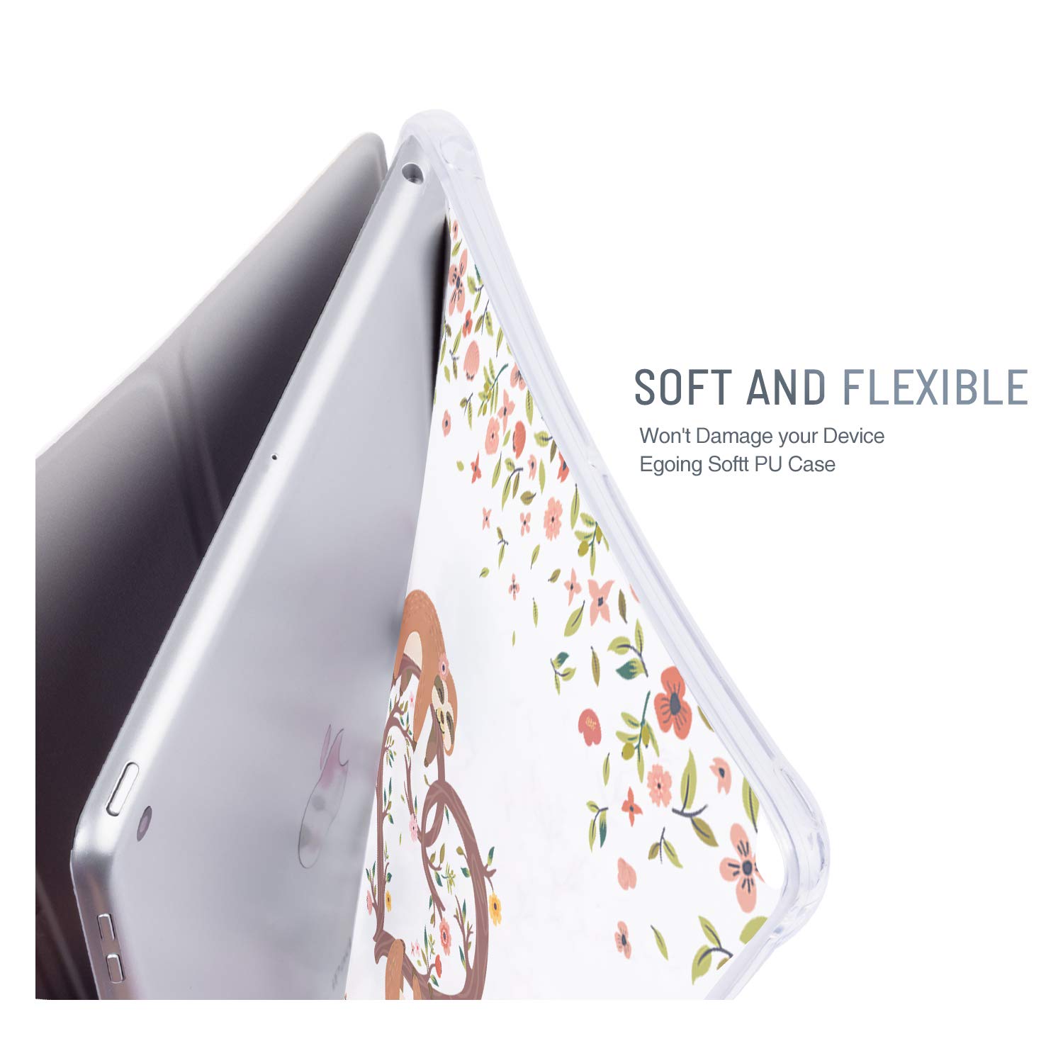 Premium PU Leather iPad Case for 9.7-inch iPad 6th/5th Gen & iPad Air 2 - Tri-fold Stand Cover with Auto Sleep/Wake (Floral Sloth Design) - Perfect for Work, Travel & Home Use