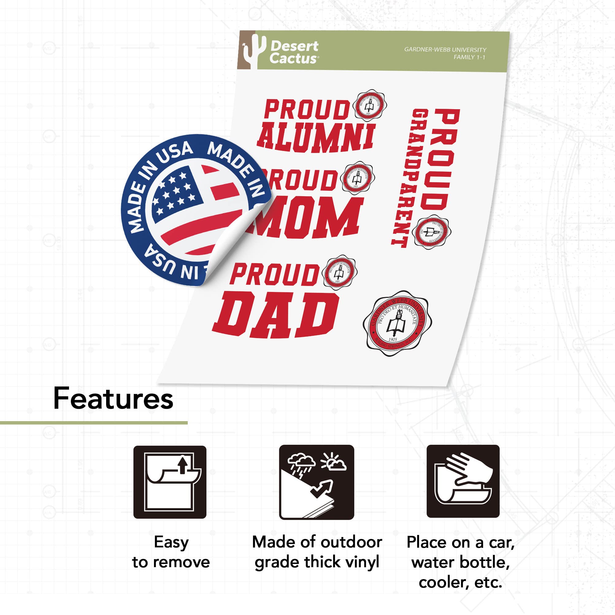 Desert Cactus GWU Sticker - Gardner-Webb University Runnin' Bulldogs Vinyl Decal for Laptop, Water Bottle, Car & Scrapbook (Family Full Sheet) - Perfect for School Spirit, College Decor & Fan Gifts