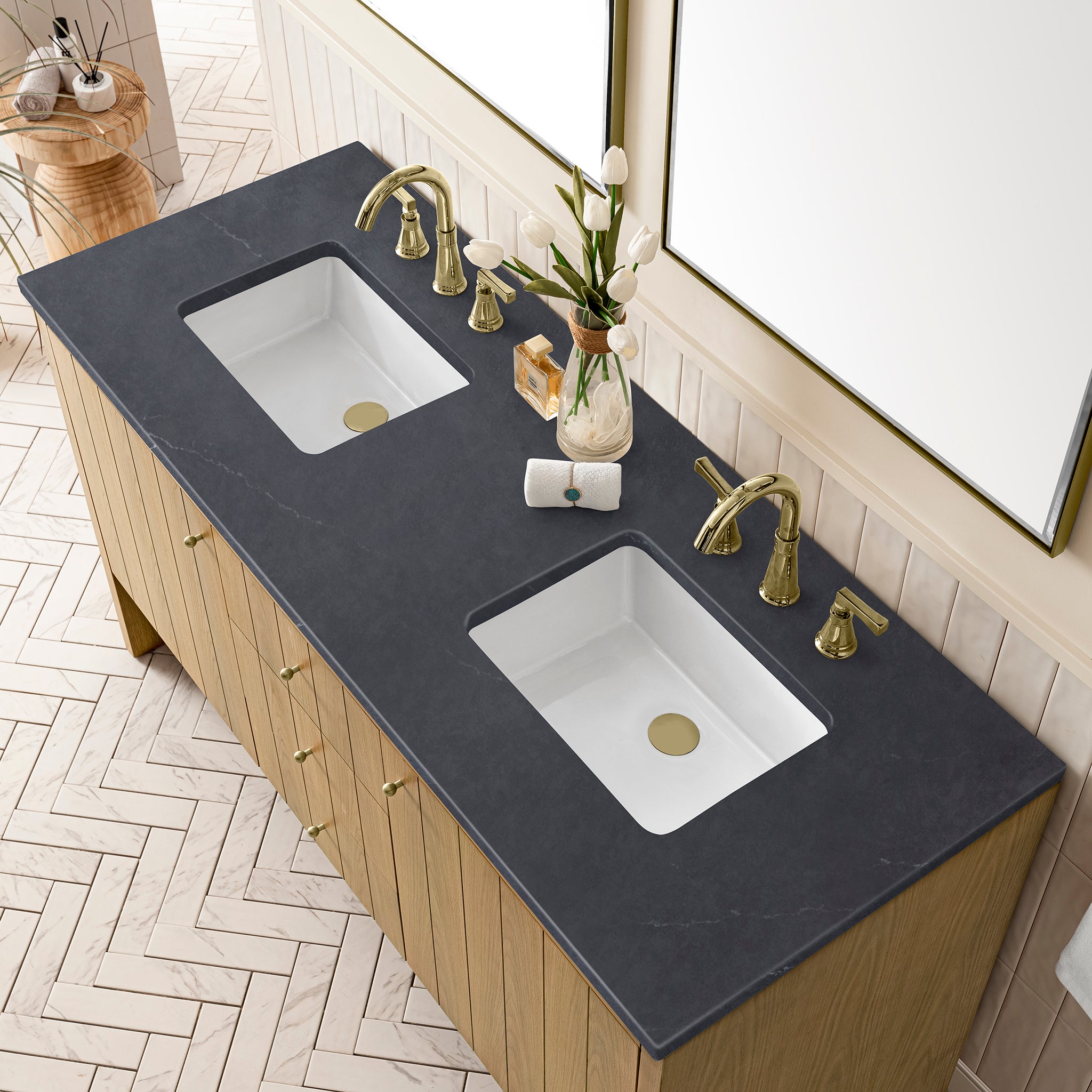Hudson 60-Inch Double Vanity with Light Natural Oak Finish and 3CM Charcoal Soapstone Top - Perfect for Master Bathroom or Guest Bathroom Renovation
