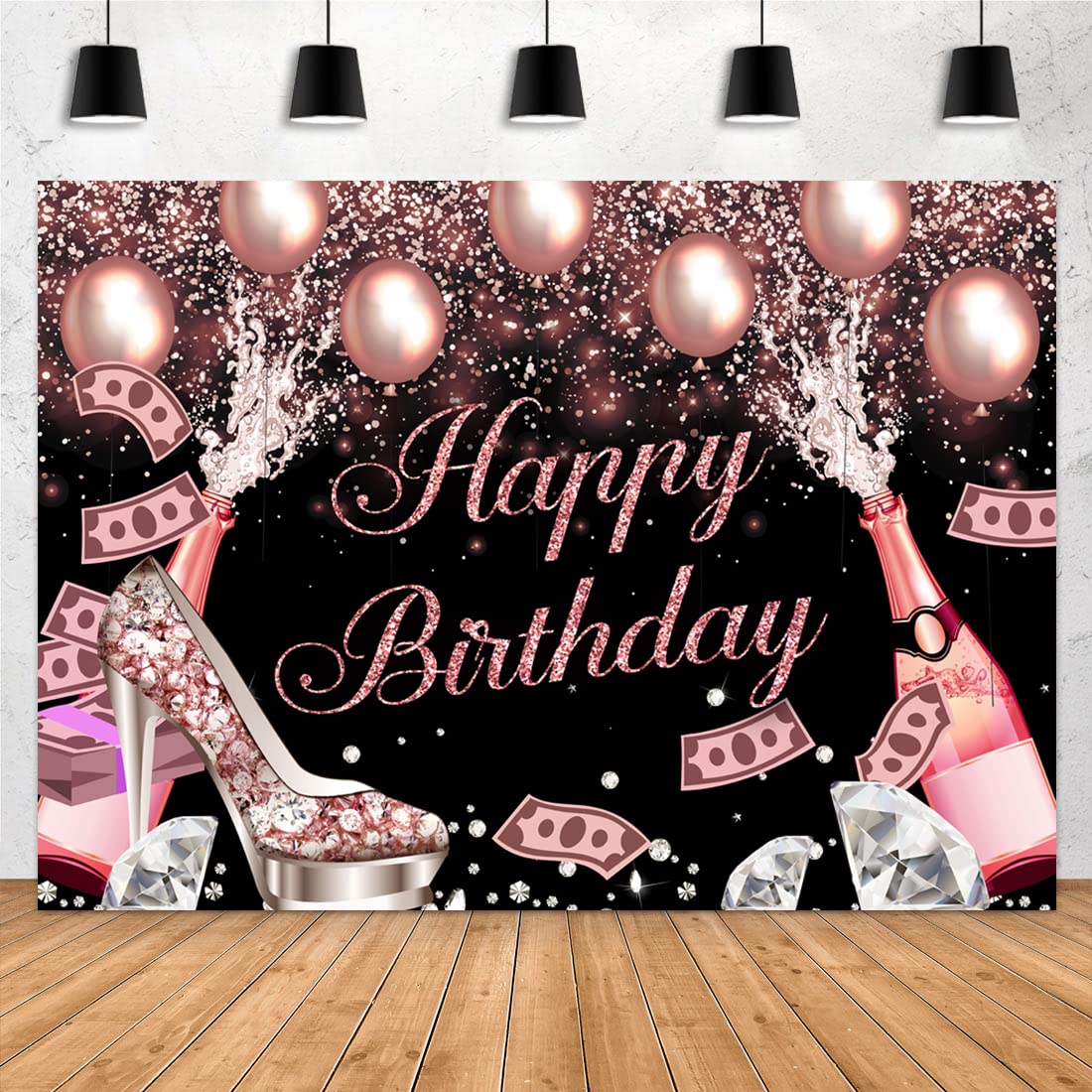 7x5ft Pink Rose Gold Happy Birthday Backdrop with Glitter Dots & Diamonds - Photography Background for Sweet 16, 18th Birthday Party Decorations - Perfect for Girls, Women, Cake Tables, Photo Booths & Banner Supplies