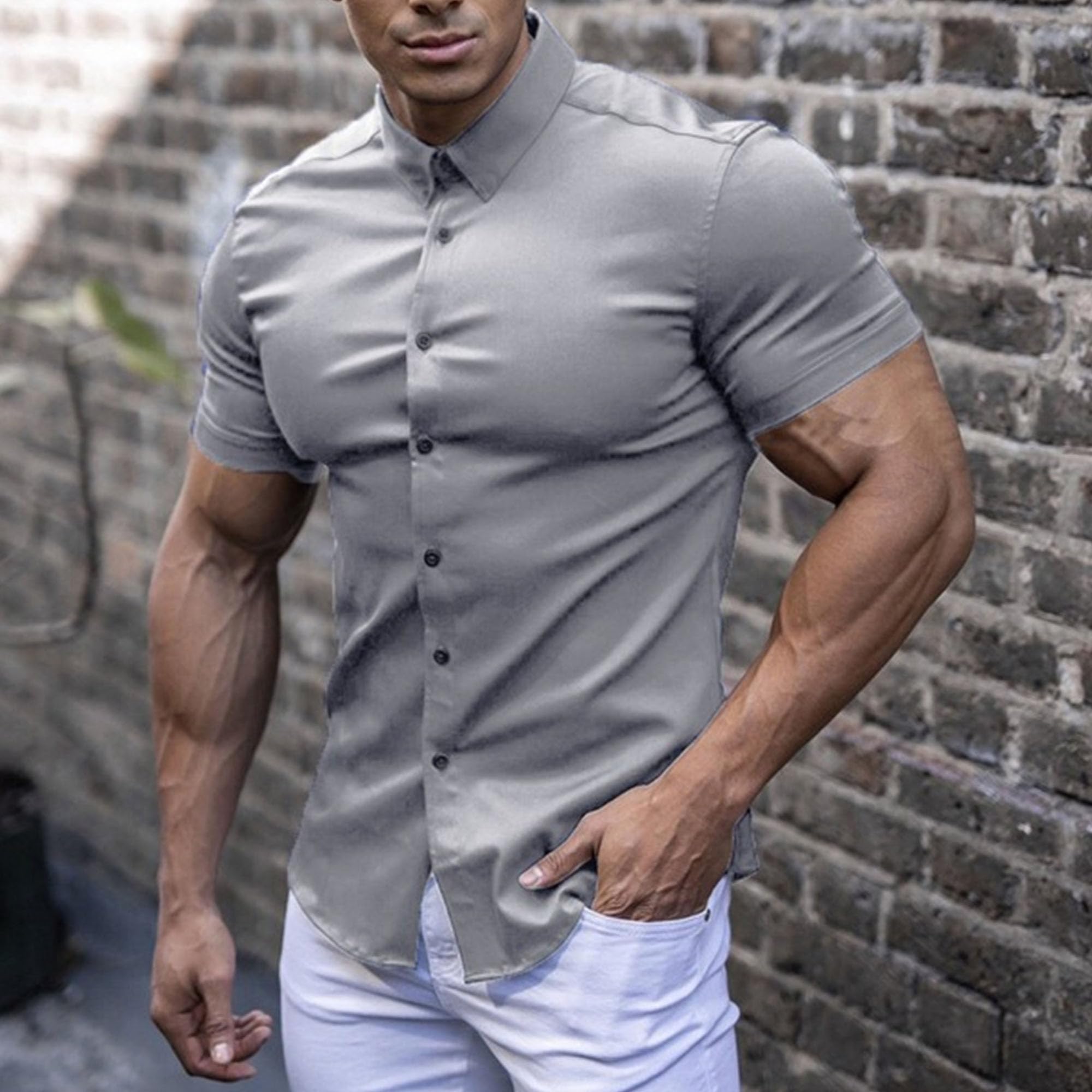 Men's Slim Fit Stretch Dress Shirts - Athletic Muscle Fit Short Sleeve Button Down Casual Shirt for Summer | Perfect for Office, Business Casual & Outdoor Events