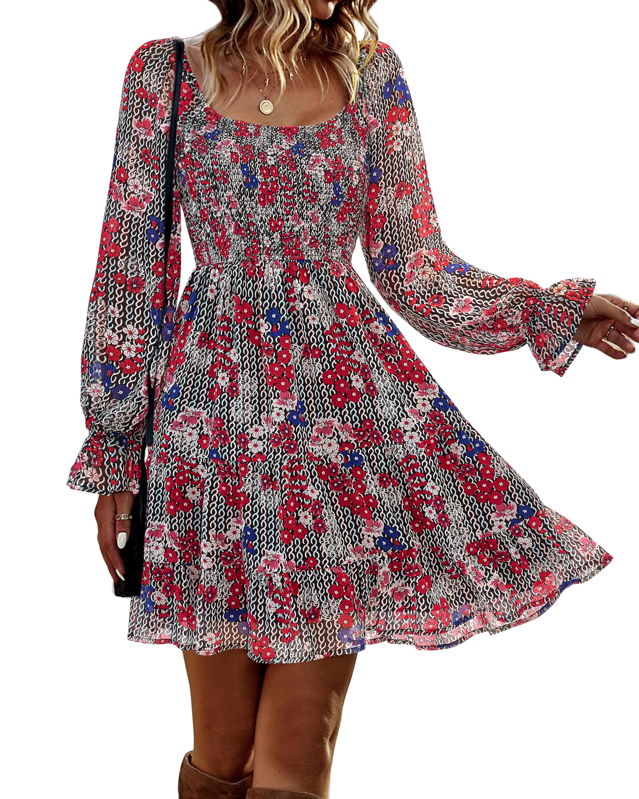 BTFBM Women's Floral Swiss Dot Boho Dress - Square Neck Smocked Long Sleeve Mini Dress for Spring Summer 2025 | Perfect for Wedding Guest, Garden Party & Casual Outings