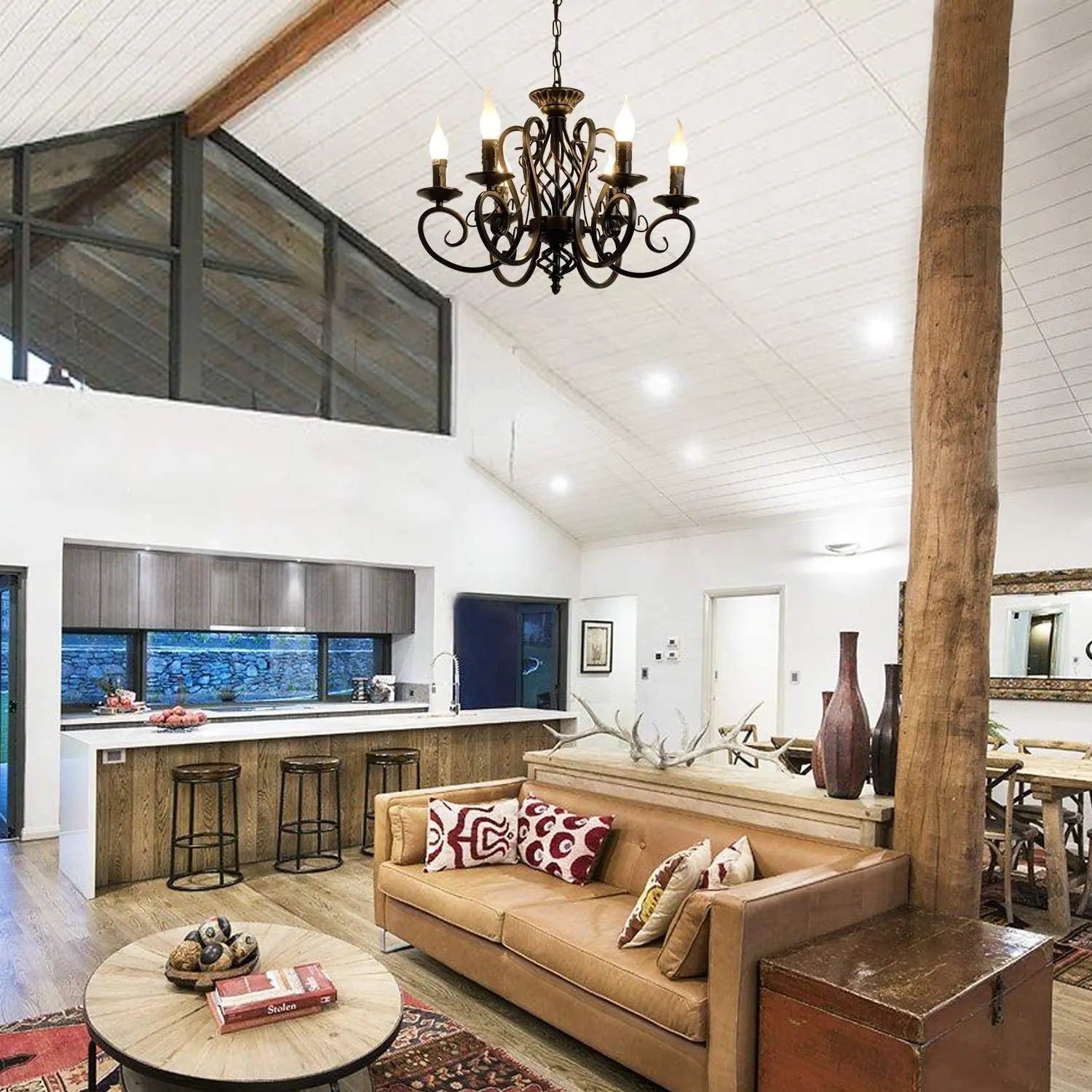 Rustic Hazel Black Chandelier - Indoor & Outdoor Lighting Fixture for Farmhouse, Patio, Dining Room, and Living Room Decor