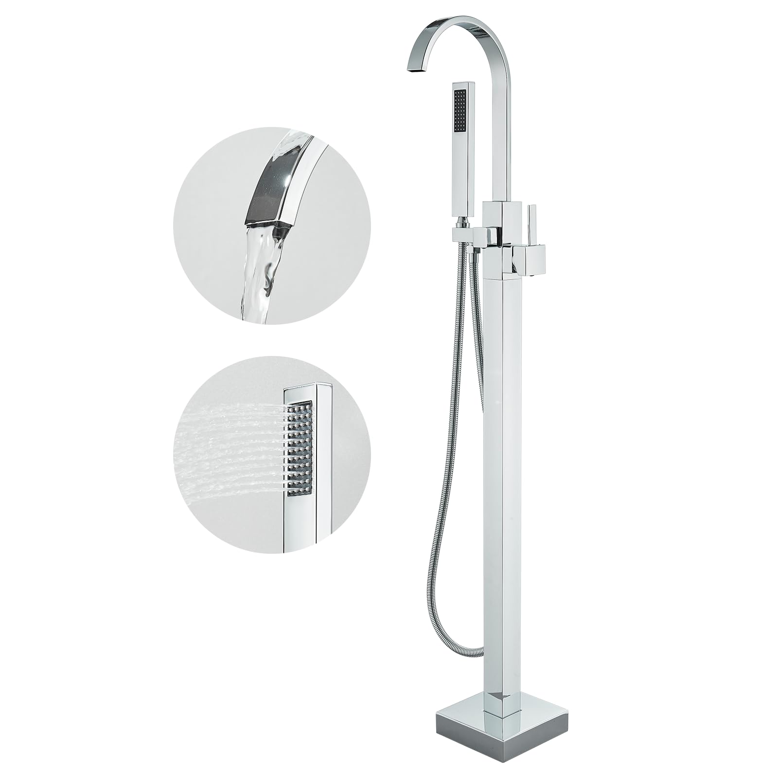 Freestanding Bathtub Faucet with Handheld Shower - Chrome Floor Mount Tub Filler, High Flow Swivel Spout for Luxury Bathroom & Spa Experience