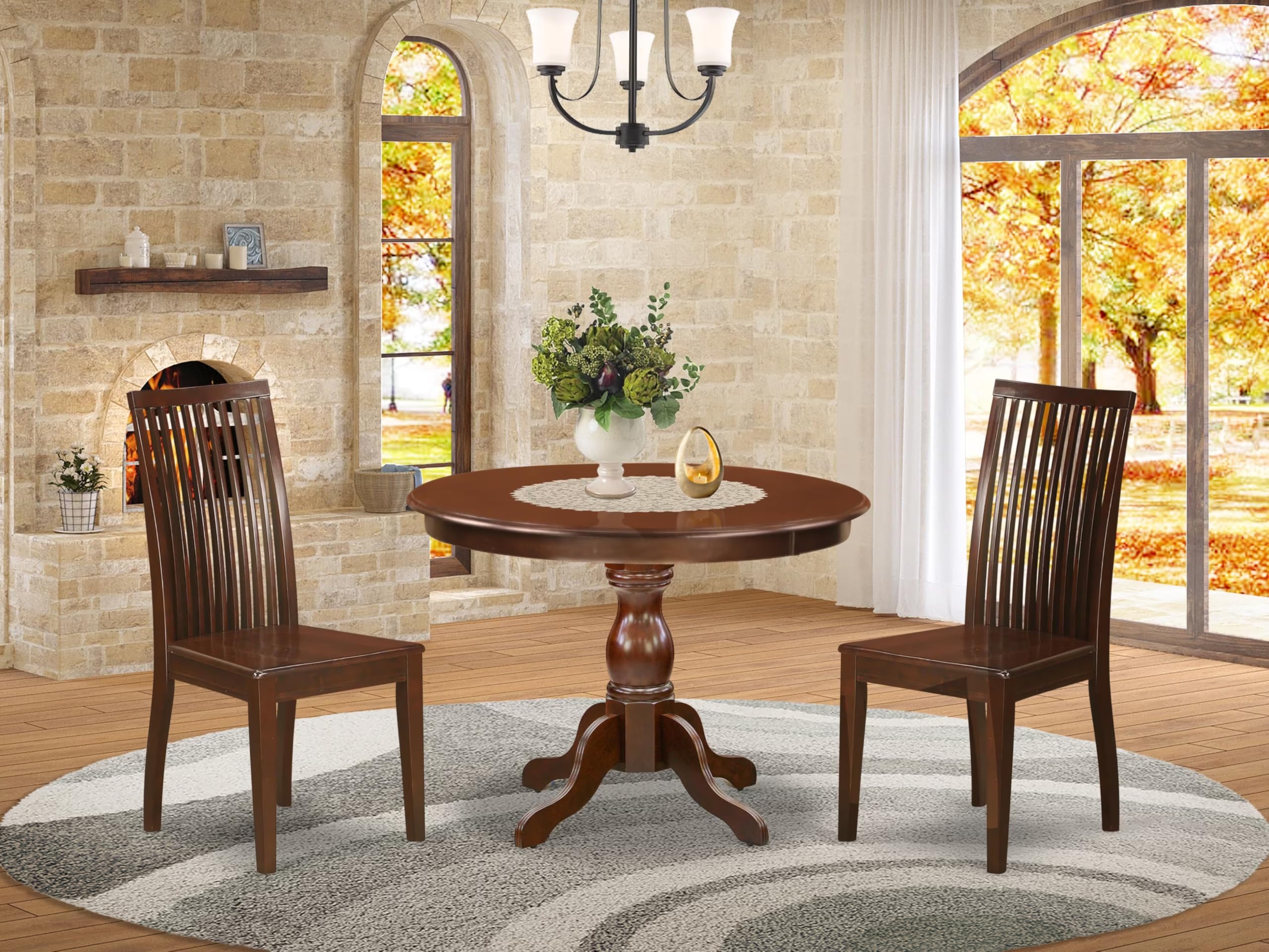 East West Furniture HBIP3-MAH-W 3-Piece Round Dining Table Set with Pedestal Base & 2 Wooden Chairs - 42x42 Inch, Mahogany - Perfect for Small Spaces, Apartments & Cozy Kitchens
