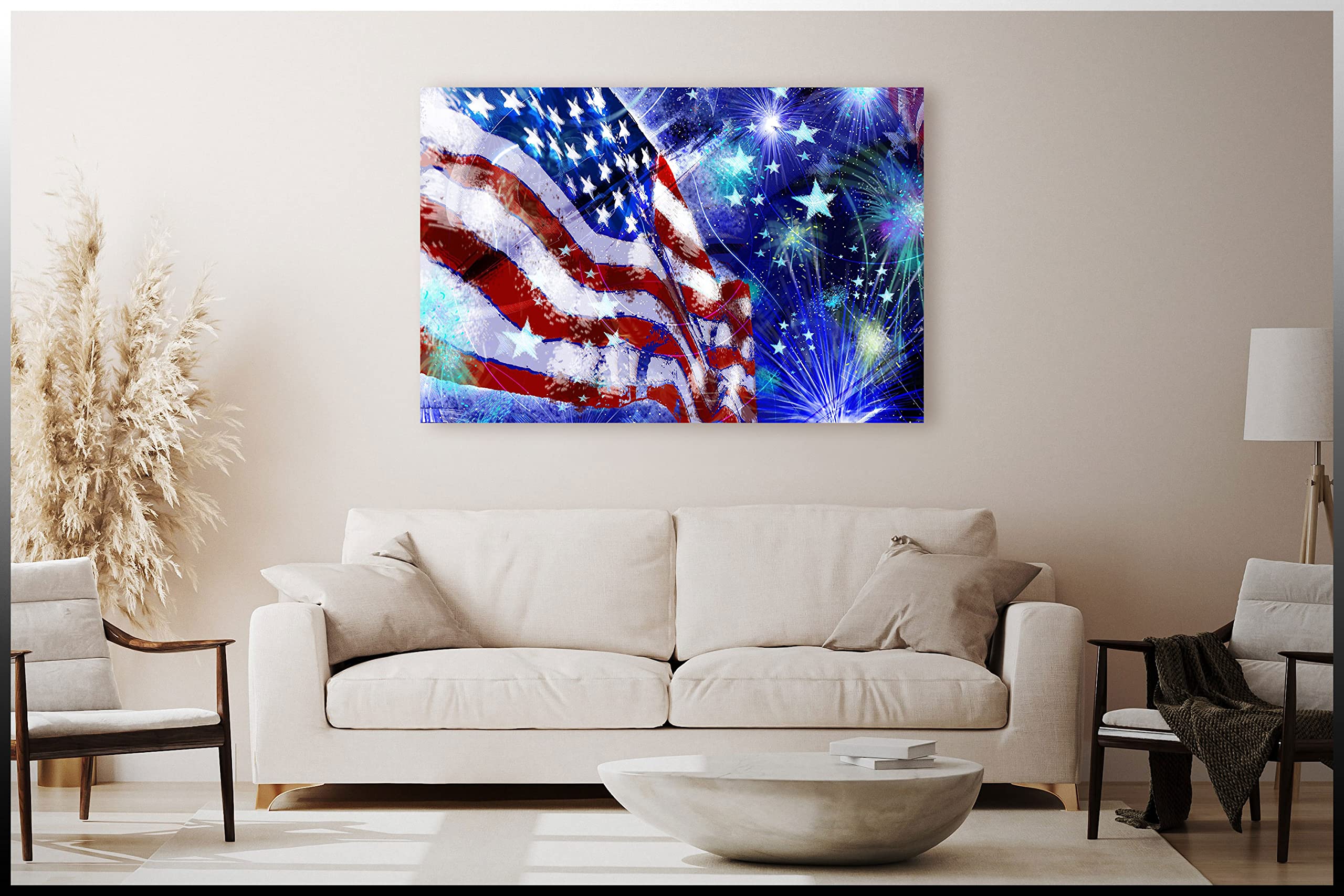 American Flag & Fireworks Canvas Wall Art - Framed Home Decor for Bedroom, Living Room, Kitchen & Bathroom - Ready to Hang 11x17 Inches - Perfect for Patriotic Holidays, Office Decor & Gift Giving