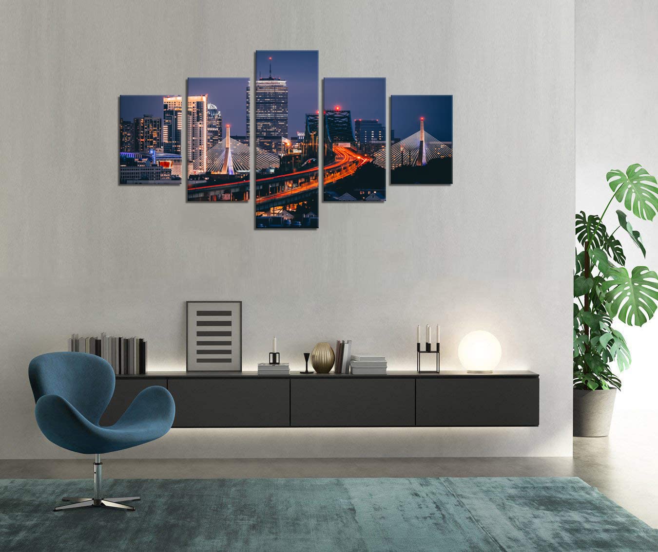 Boston Skyline at Night Canvas Wall Art - 5 Piece Framed Cityscape Painting Set, Modern Home Decor for Living Room, Office & Bedroom - Ready to Hang Gallery-Wrapped (70''W x 40''H) - Perfect for Urban Style Interiors & Gift Giving