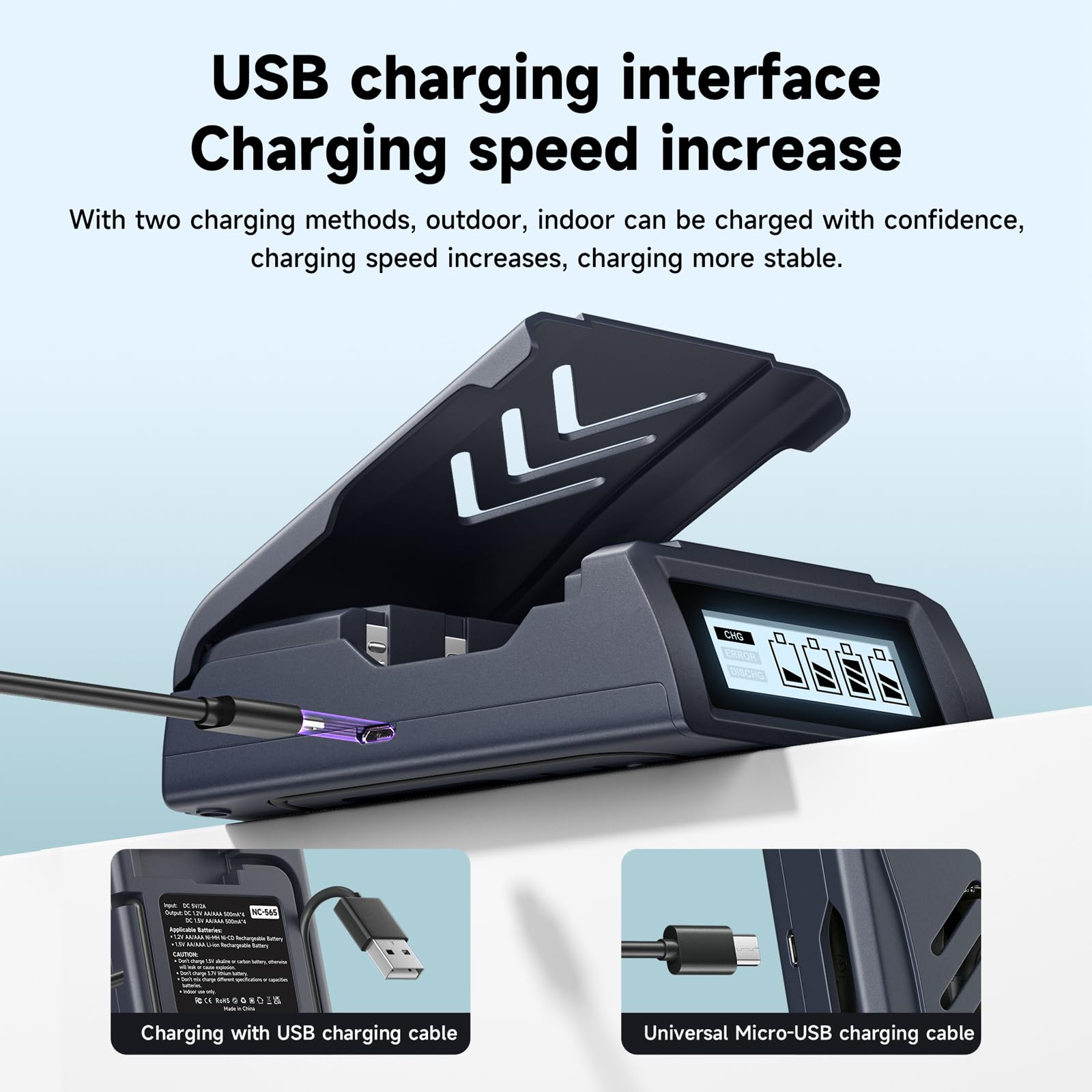 Palowextra Smart Battery Charger for 1.5V Li-ion & 1.2V Ni-MH AA AAA Rechargeable Batteries with Micro USB Port - Fast Charging for Cameras, Flashlights, Toys & Electronics