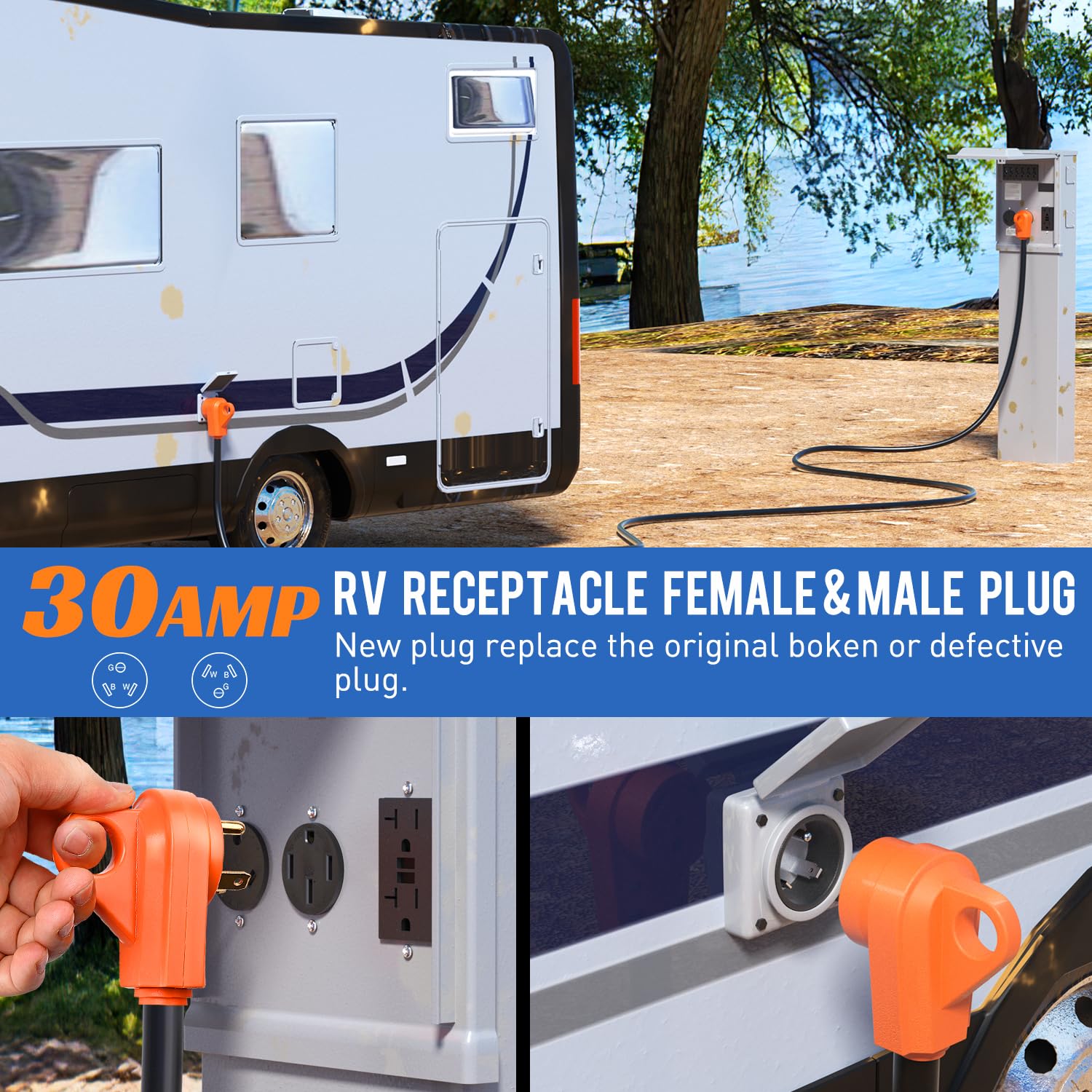 30 Amp RV Power Plug - Male & Female Connector for Camper, Trailer & Motorhome - Heavy Duty Electrical Outlet for Outdoor Camping & RV Parks