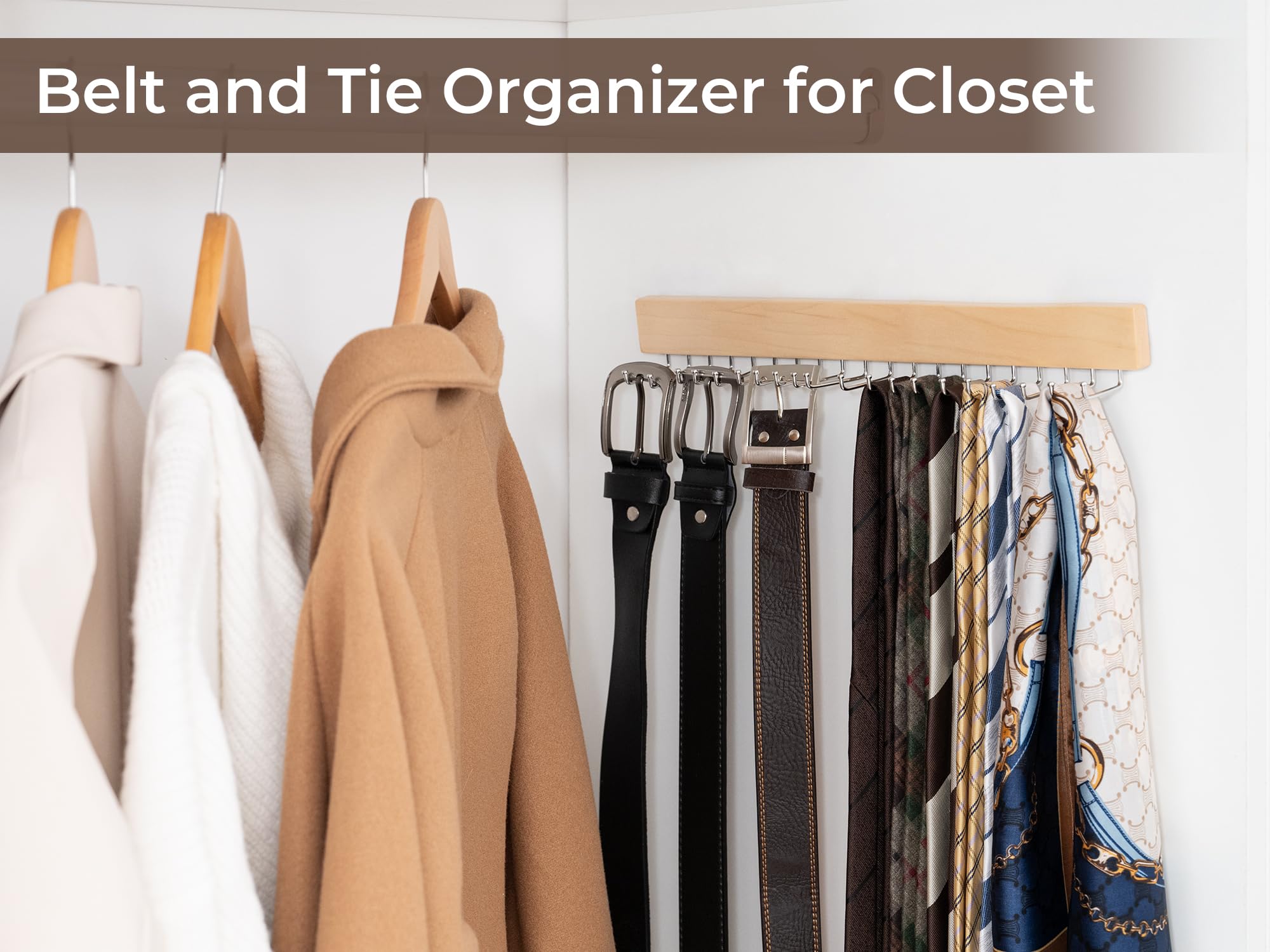 StorageWorks 2-Pack Wooden Tie Rack with 20 Hooks - Wall Mounted Organizer for Neckties, Belts, Hats & Accessories - Natural Wood Finish - Perfect for Closet Organization & Home Decor
