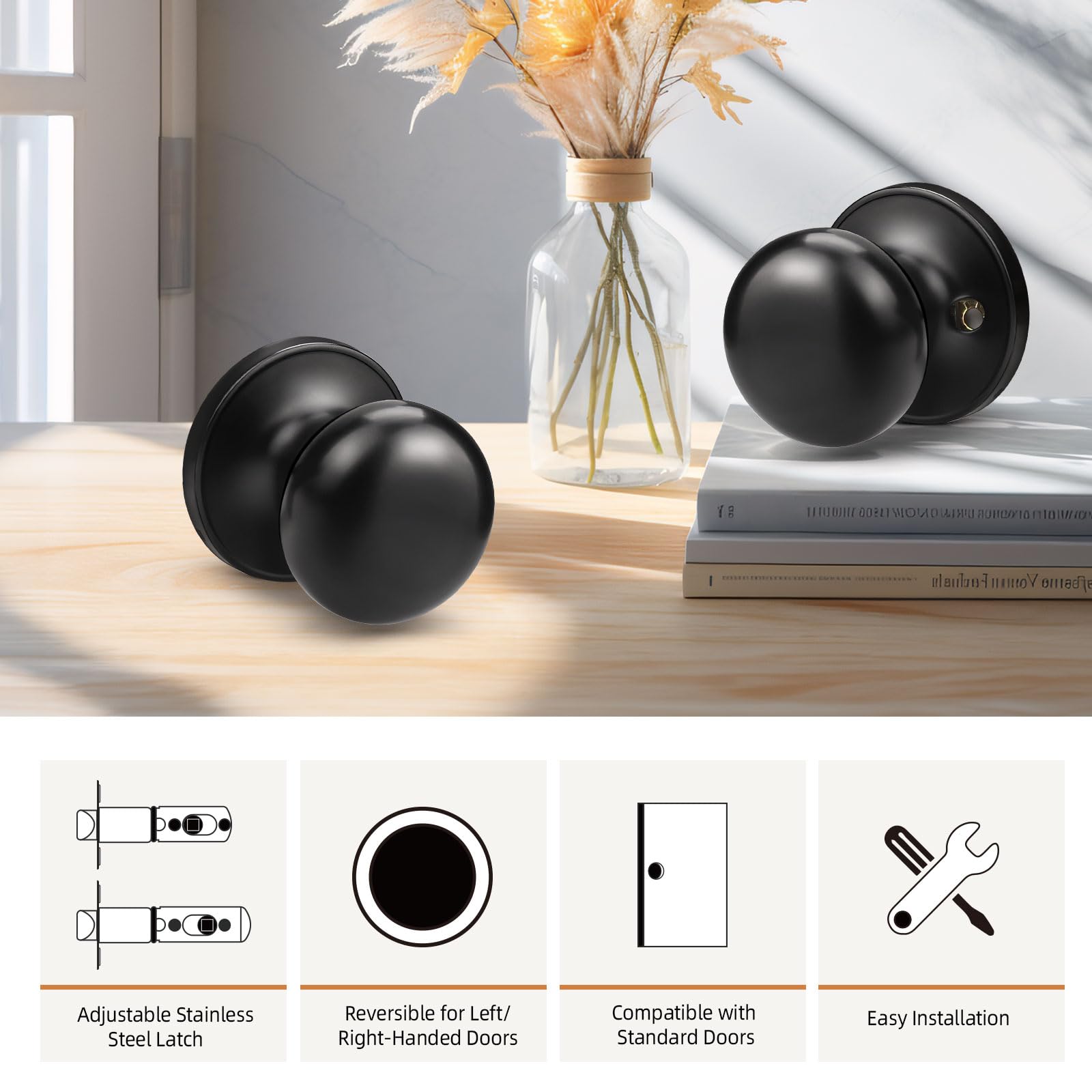 Gobekor 6-Pack Matte Black Keyless Passage Door Knobs - Round Interior Door Handles for Hall, Closet & Bedroom Doors | Smooth Operation & Easy Installation