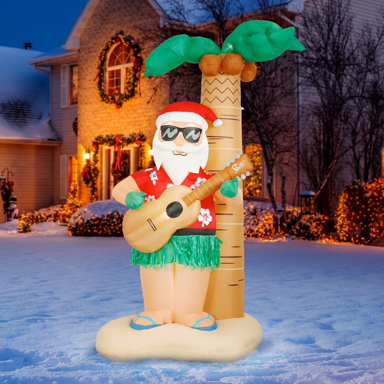 8 ft Tall Hula Santa Christmas Inflatable - Outdoor Yard Decoration with LED Lights, Fan & Stakes for Beach Holiday Decor | Perfect for Christmas Lawn, Patio & Pool Party Decorations