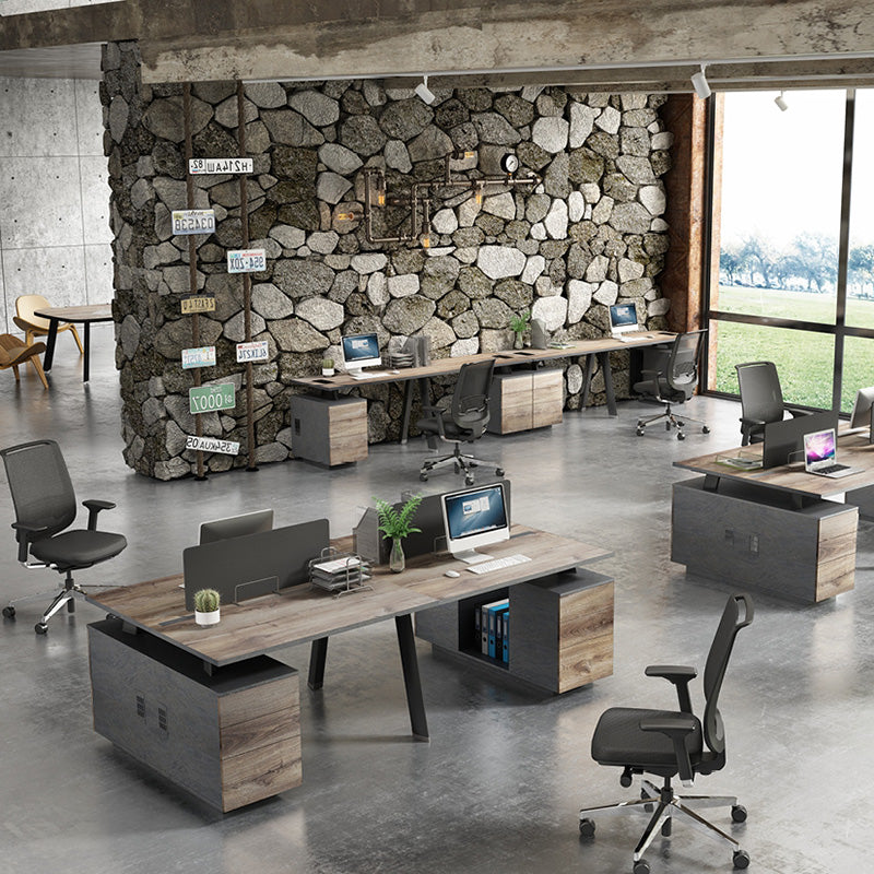 ARTO 4-Person Back-to-Back Office Workstation with 4 Storage Cabinets - 2.4M Warm Oak & Black Finish - Perfect for Open Office Layouts & Collaborative Workspaces