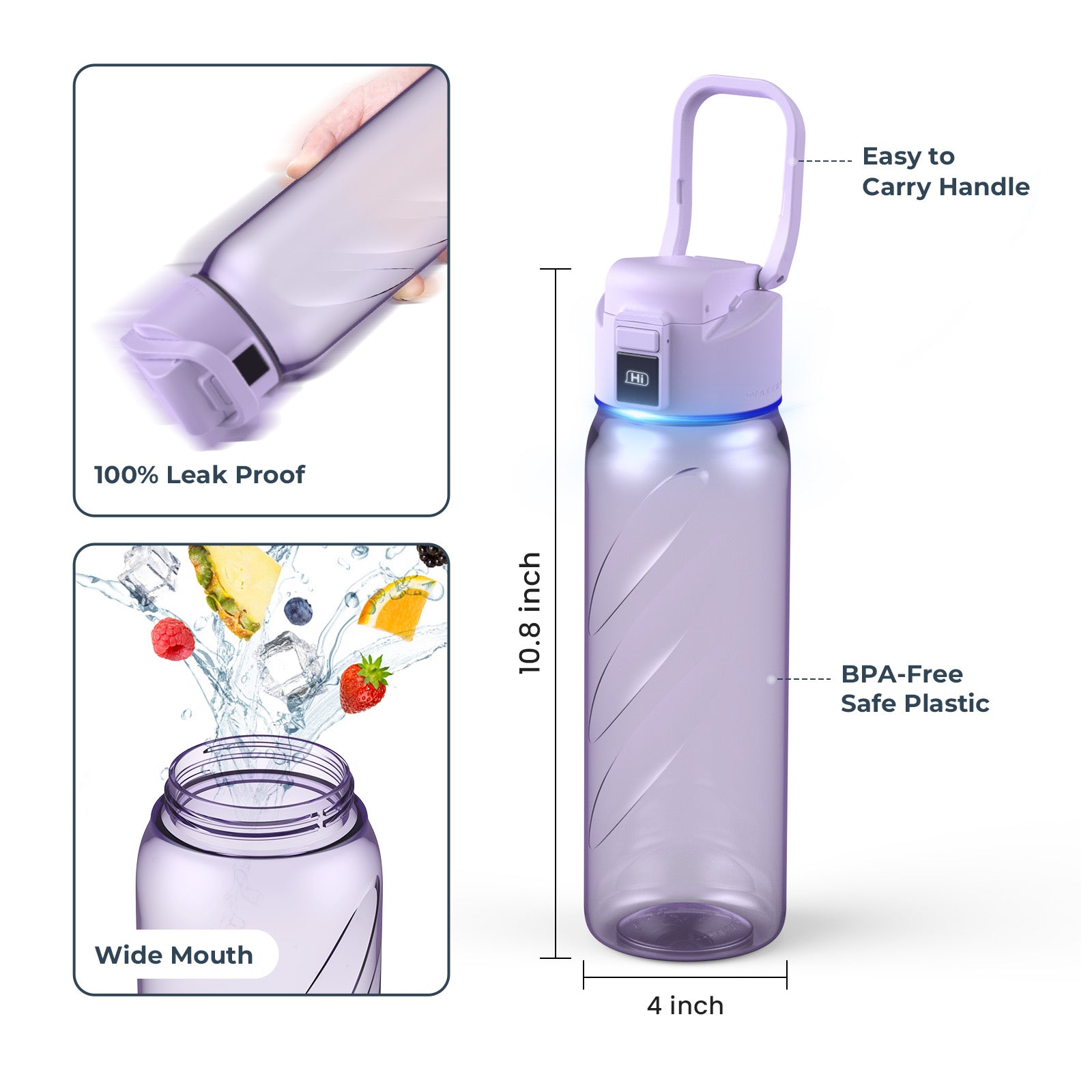 Boost Lite Purple 32 oz Bluetooth Smart Water Bottle with Temperature Display & Hydration Reminder - Perfect for Gym, Hiking, Office & Travel