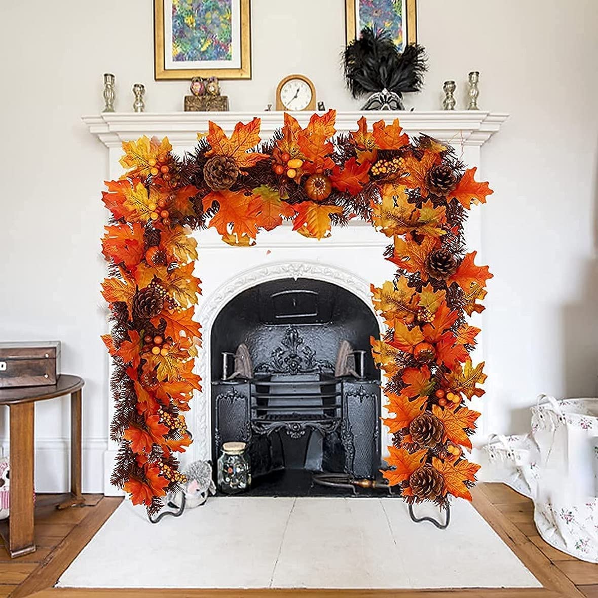 Artificial Maple Leaves Garland with Pine Cones & Pumpkin - 20 LED Lighted Faux Fall Hanging Decor for Thanksgiving, Harvest, Fireplace | Indoor/Outdoor Autumn Home Decor