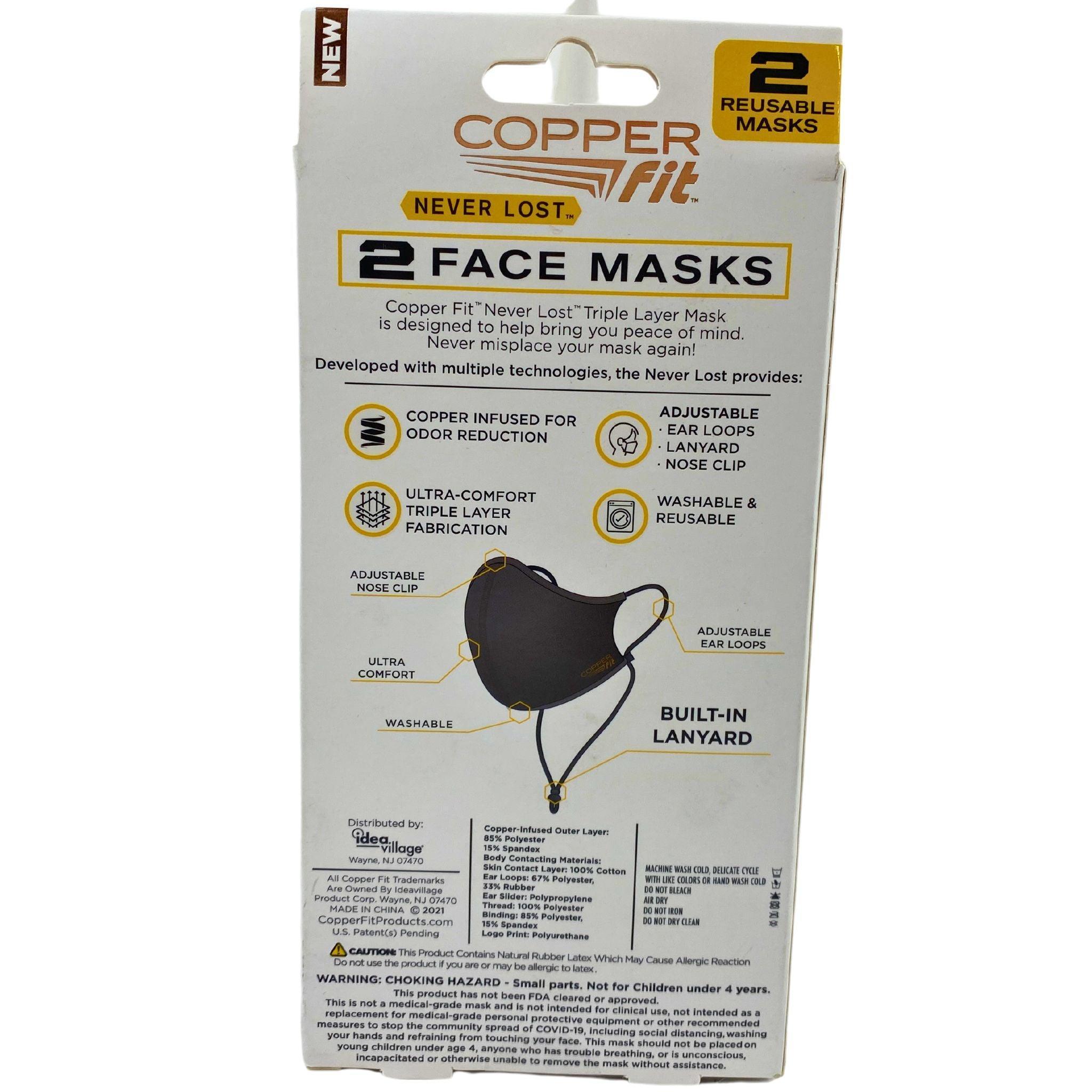 COPPERfit Never Lost 2 Face Masks - 1 Charcoal & 1 Blue with Built-In Lanyard (50 Pack) - Reusable Protective Face Coverings for Work, Travel & Daily Use