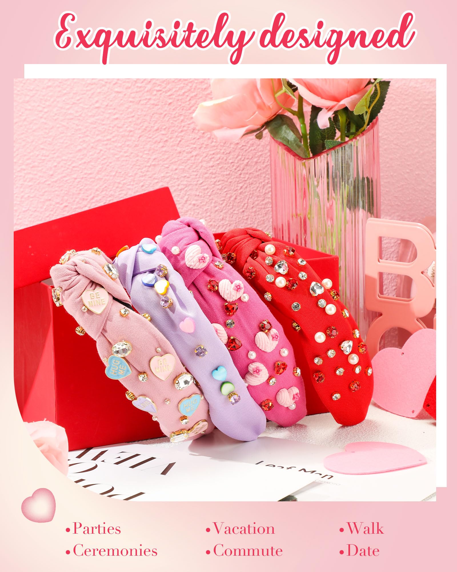 4 Pack Valentines Day Knotted Headbands for Women - Pearl Crystal Gemstone Heart Shape Jewelry Hair Accessories, Fashionable Retro Headbands for Valentine's Party & Dating | Perfect for Valentine's Gifts, Bridal Showers, Date Nights and Special Occasions