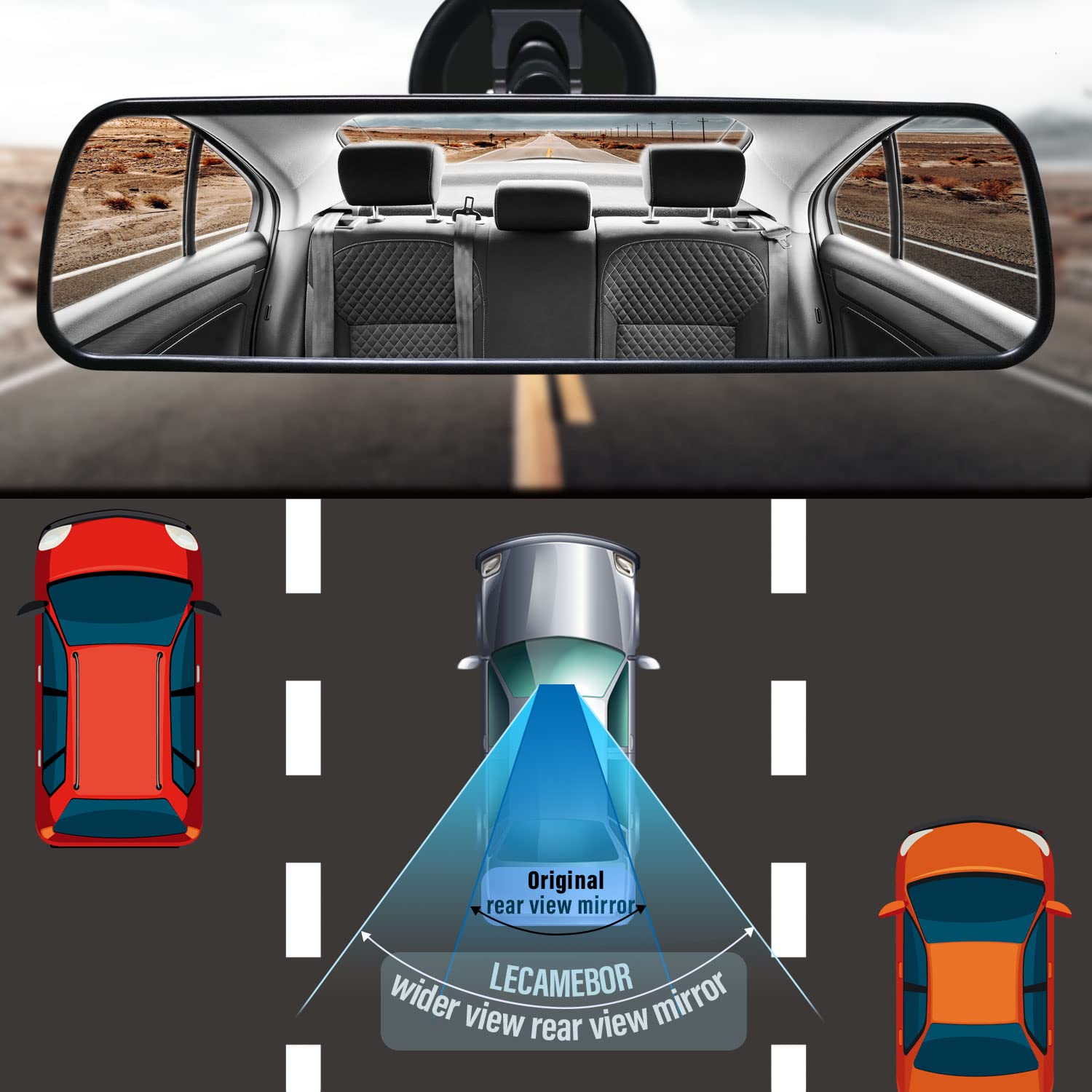 LECAMEBOR Universal HD Anti-Glare Rear View Mirror for Cars - Thickened Design with Adjustable Suction Cup - Perfect for Night Driving & Enhanced Road Safety